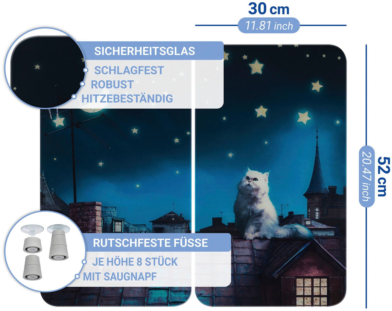 WENKO Kookplaatdeksel Universeel Model Maan Kat Kookplaatafdekking voor alle soorten kookplaten, krasvast, met antislipvoetjes (set, 2-delig)