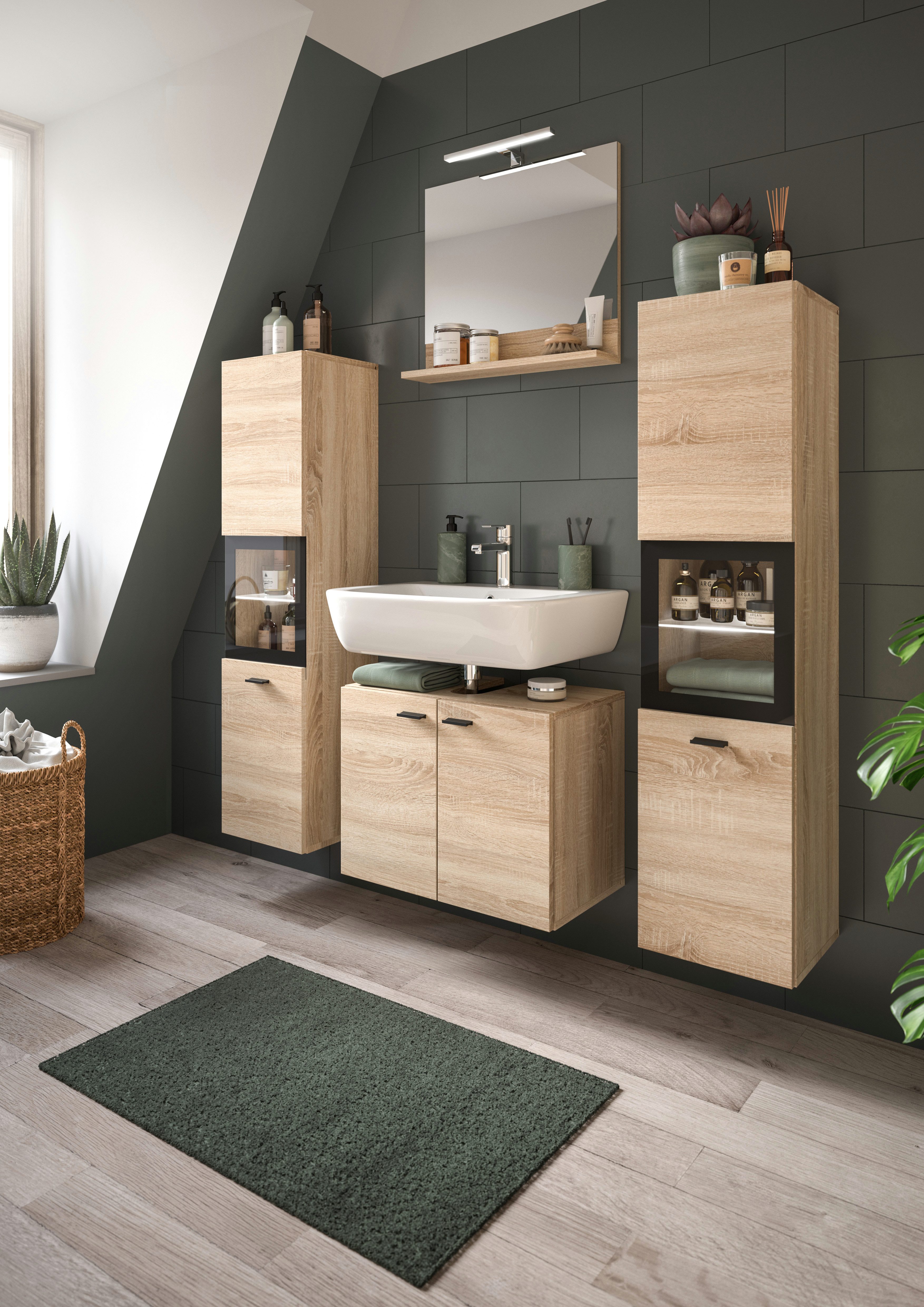 welltime Badmeubelset Tampa, breedte 137cm, 4-delig Wastafelonderkast, spiegel, hoge kast (4 stuks)