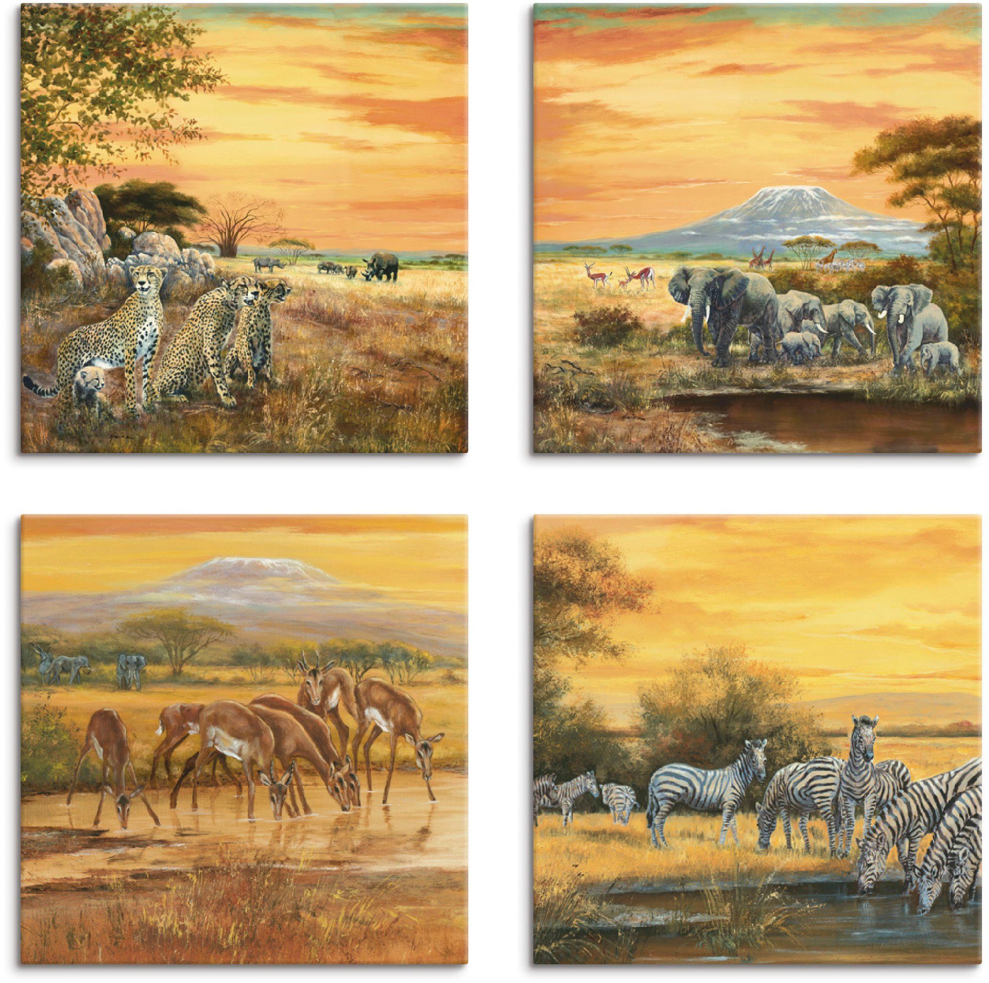 Artland Artprint op linnen Luipaarden olifanten zebra’s op de steppe (4 stuks)