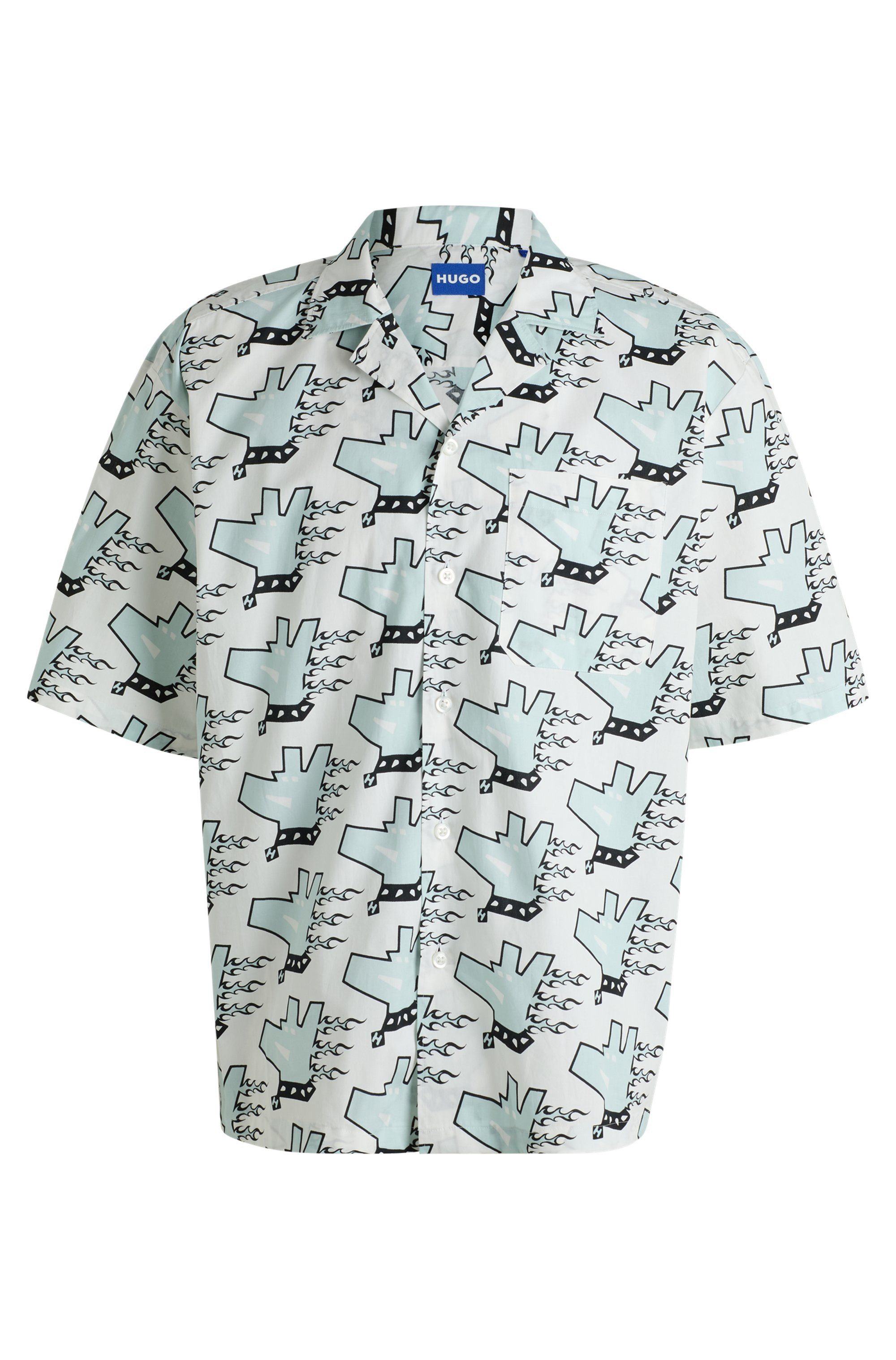 HUGO Blue Overhemd met korte mouwen Eligino met allover print, hugo doggo, hondenprint