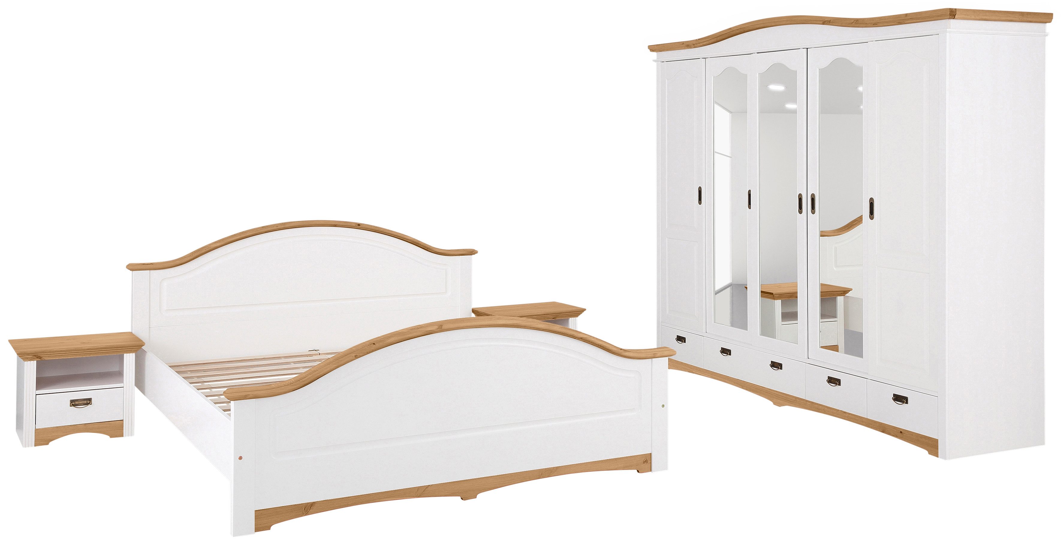 Home affaire Slaapkamerserie "Konrad", complete slaapkamerset met grote kast met 5-deurs kledingkast, bed 180x200 cm en 2 nachtkastjes (set)