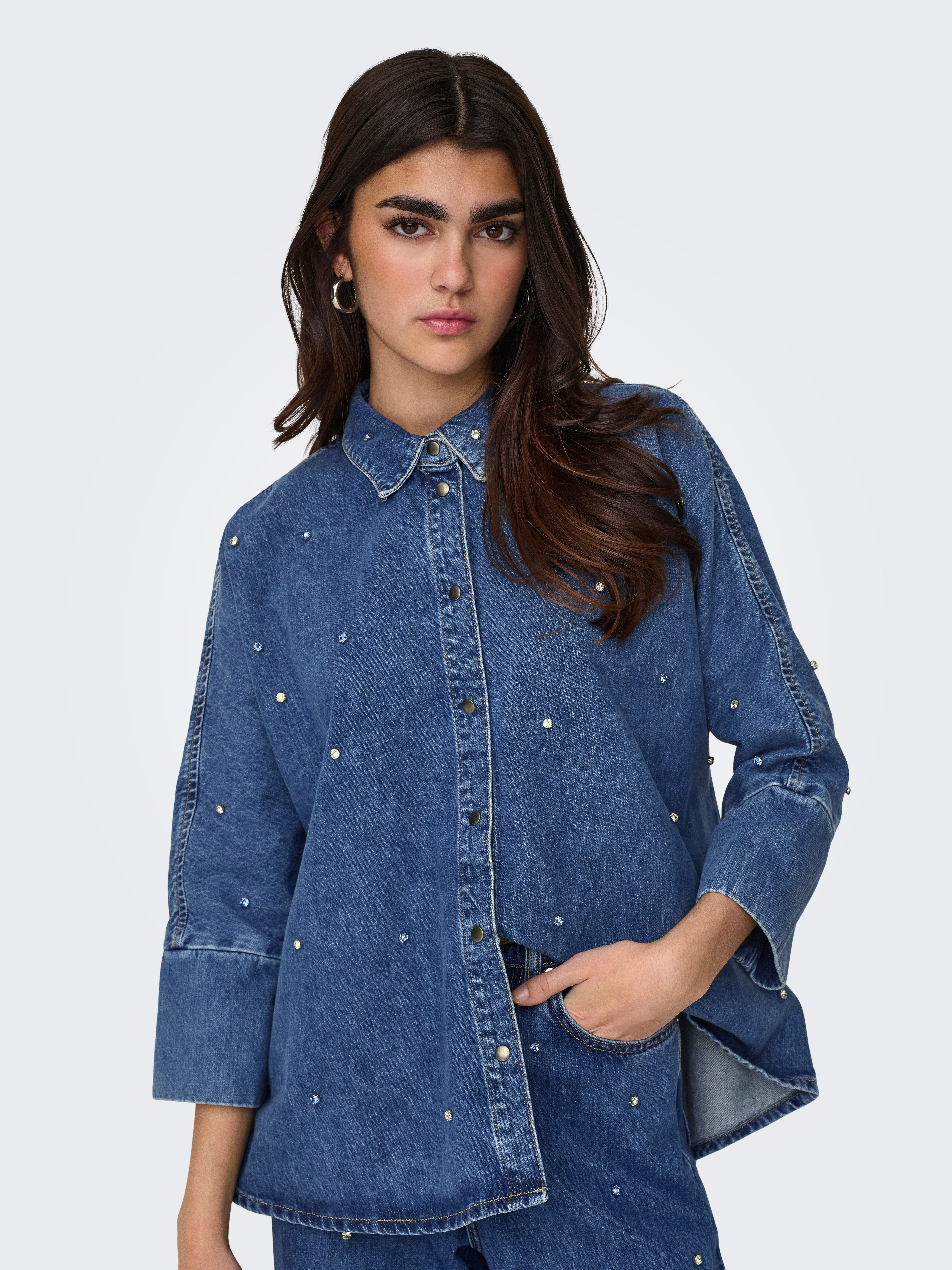 Only Jeans blouse ONLGRACE 3/4 RHINESTONE MB DNM SHIRTNOOS