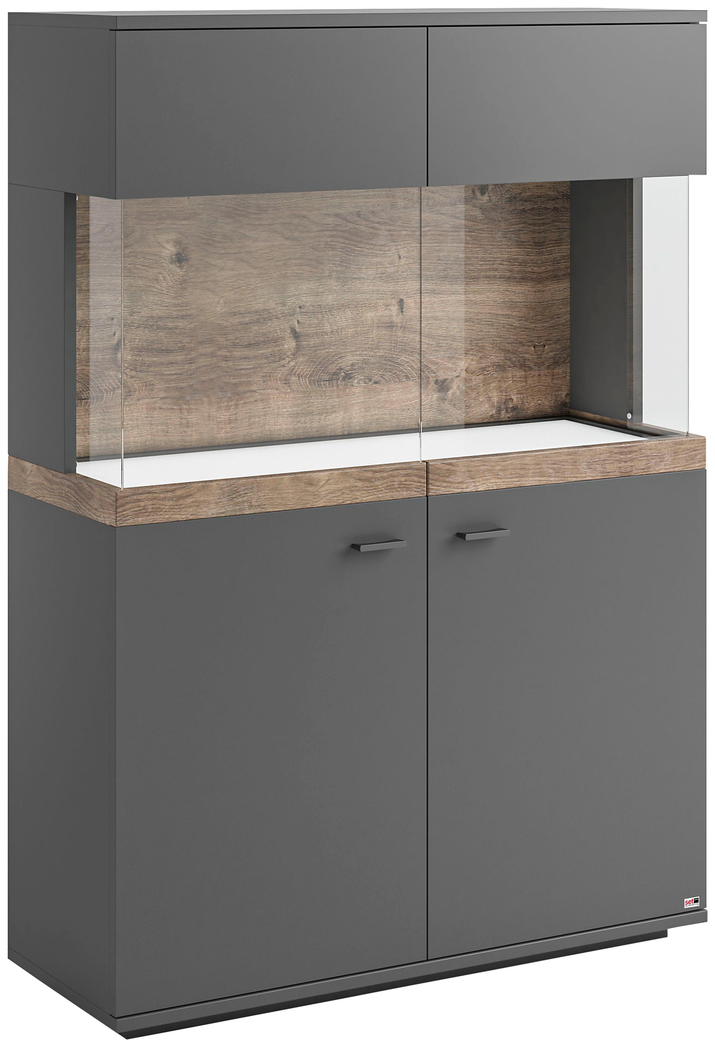 set one by Musterring Vitrinekast Lancaster Kleuren wit of grijs met eikenafwerking, met LED-verlichting
