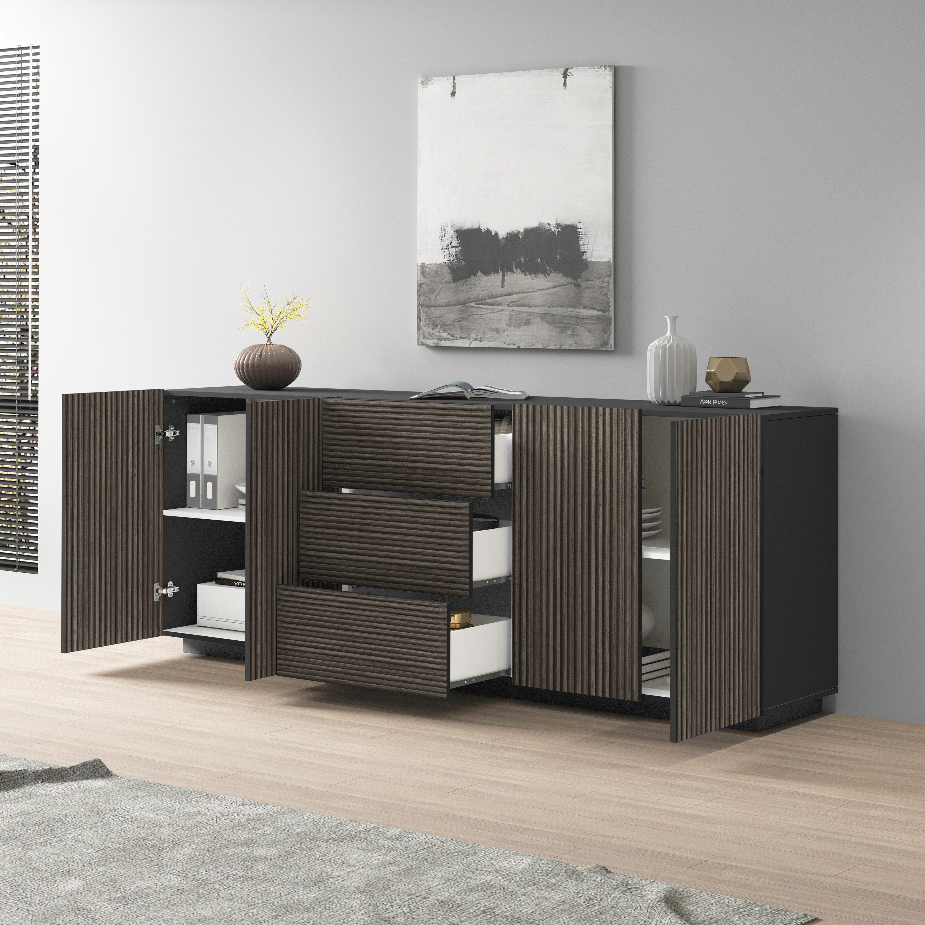 INOSIGN Dressoir Vega Sideboard, Ladekast, 220 cm met 4 deuren en 3 lades, fronten met groeflook