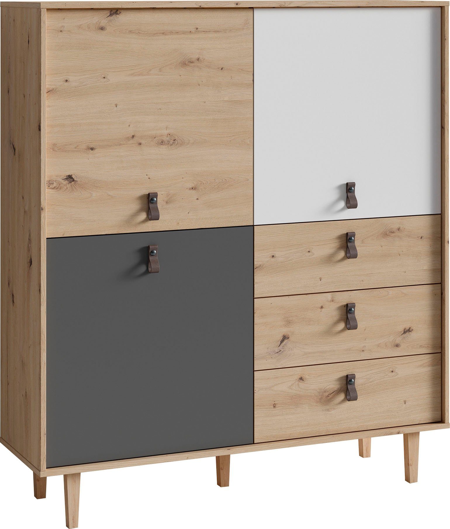INOSIGN Highboard Bill, met drie lades en drie deuren, 120 cm breed met verstelbare legplanken, massieve houten poten