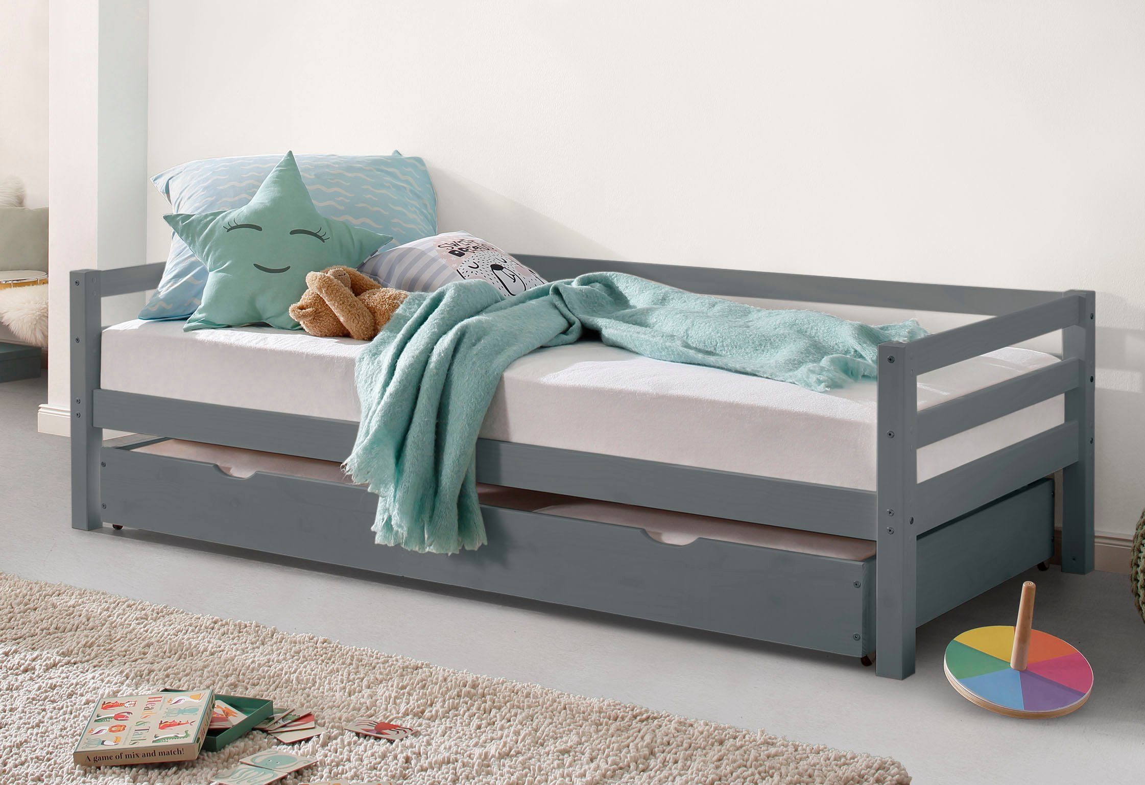 Lüttenhütt Slaapbank Alpi met lade van grenenhout, totale breedte 103 cm, kinderbed bedden grijs