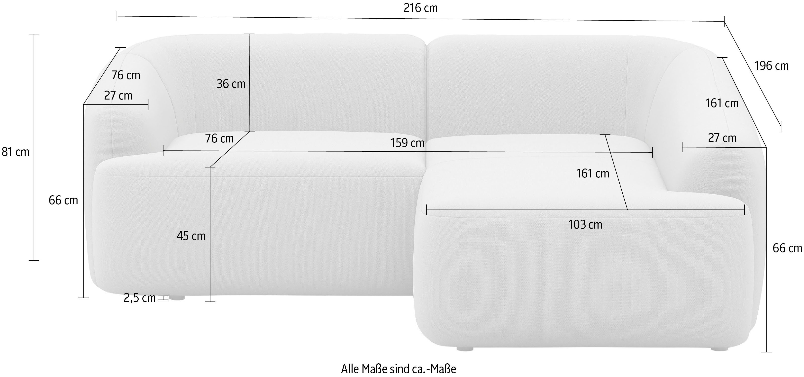 INOSIGN Hoekbank Nergal, compacte afmetingen, Breedte 216cm, organisch design, L-vorm Modern ontwerp, eenvoudige uitstraling, stijlvolle blikvanger in de woonkamer