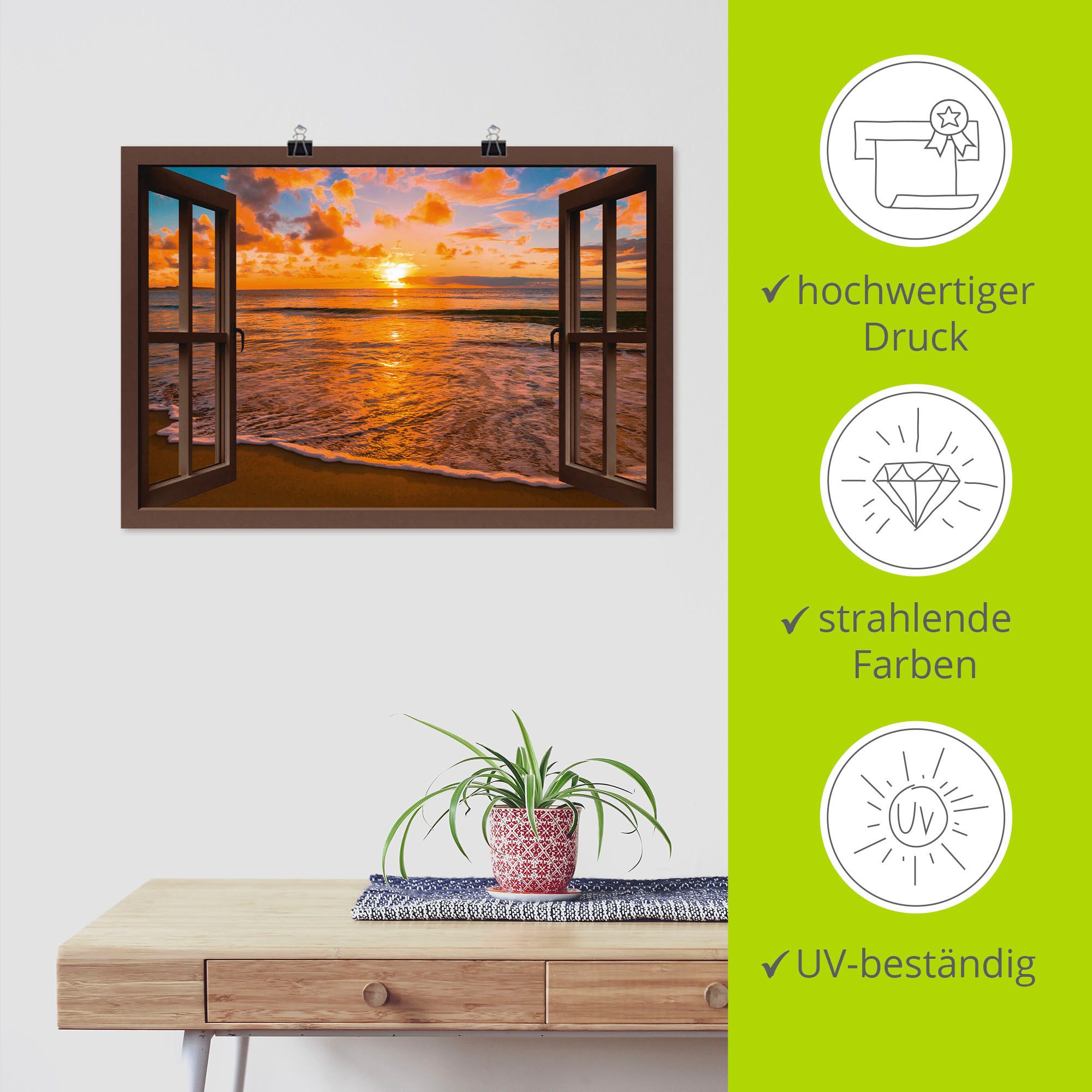 Artland Artprint Blik uit het venster zonsondergang aan het strand als artprint op linnen, poster, muursticker in verschillende maten