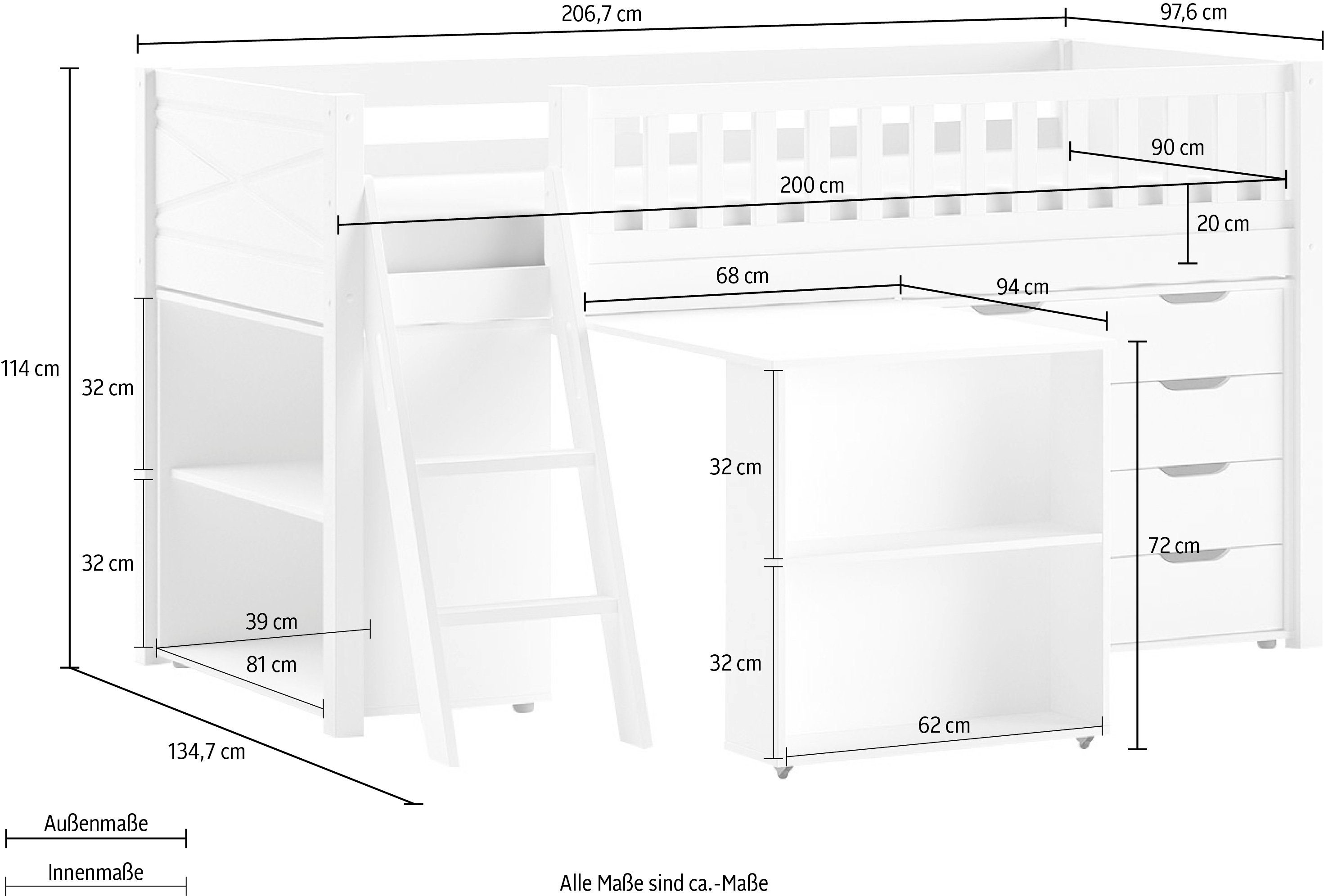 Vipack Speelbed met veel functionaliteit op een kleine ruimte, lf 90x200 cm, grenen wit gelakt
