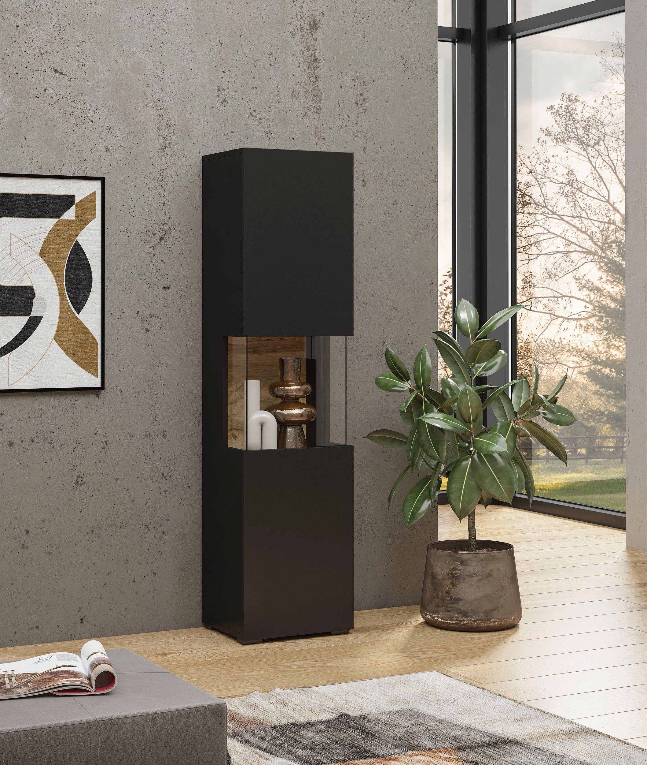 INOSIGN Vitrinekast Ava, breedte 36 cm, hangend en staand te monteren moderne greeploze vitrinekast, hoge kast met hoekverglazing