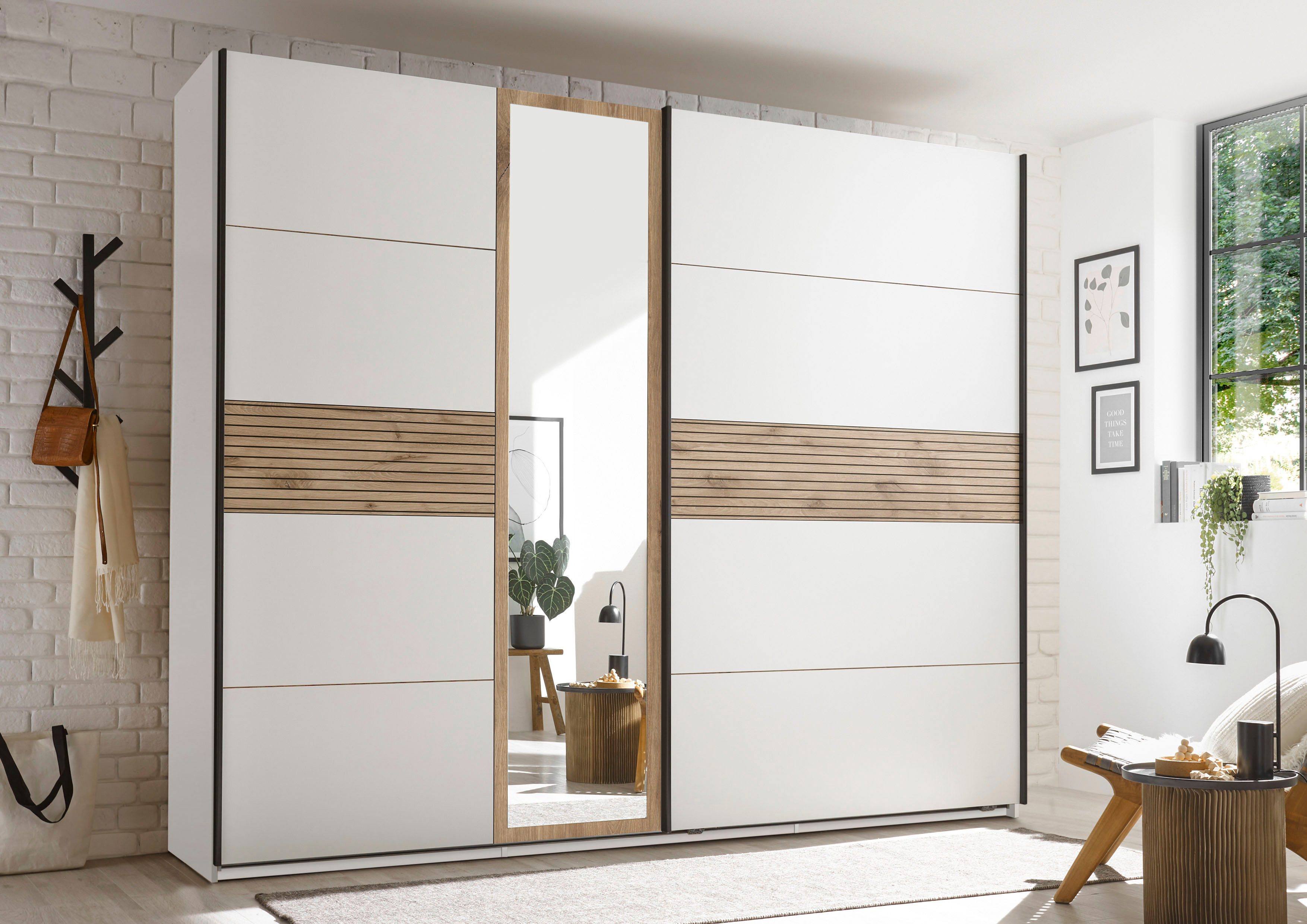 Schlafkontor Kledingkast Leo zweefdeurkast, schuifdeurkast met spiegel Accent in Viking Oak lichte ribbelstructuur en spiegel