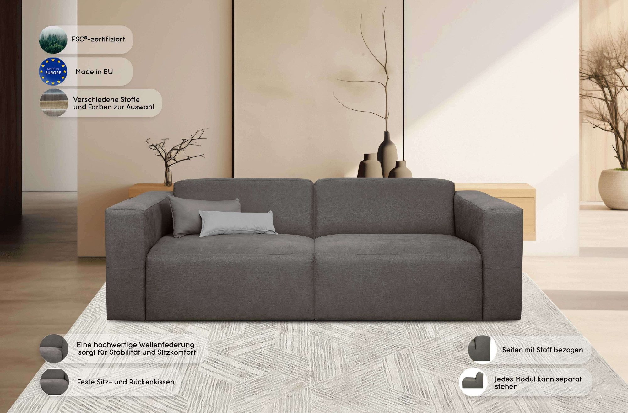 INOSIGN 3-zitsbank Kelani met decoratieve knoopdetails op de armleuningen