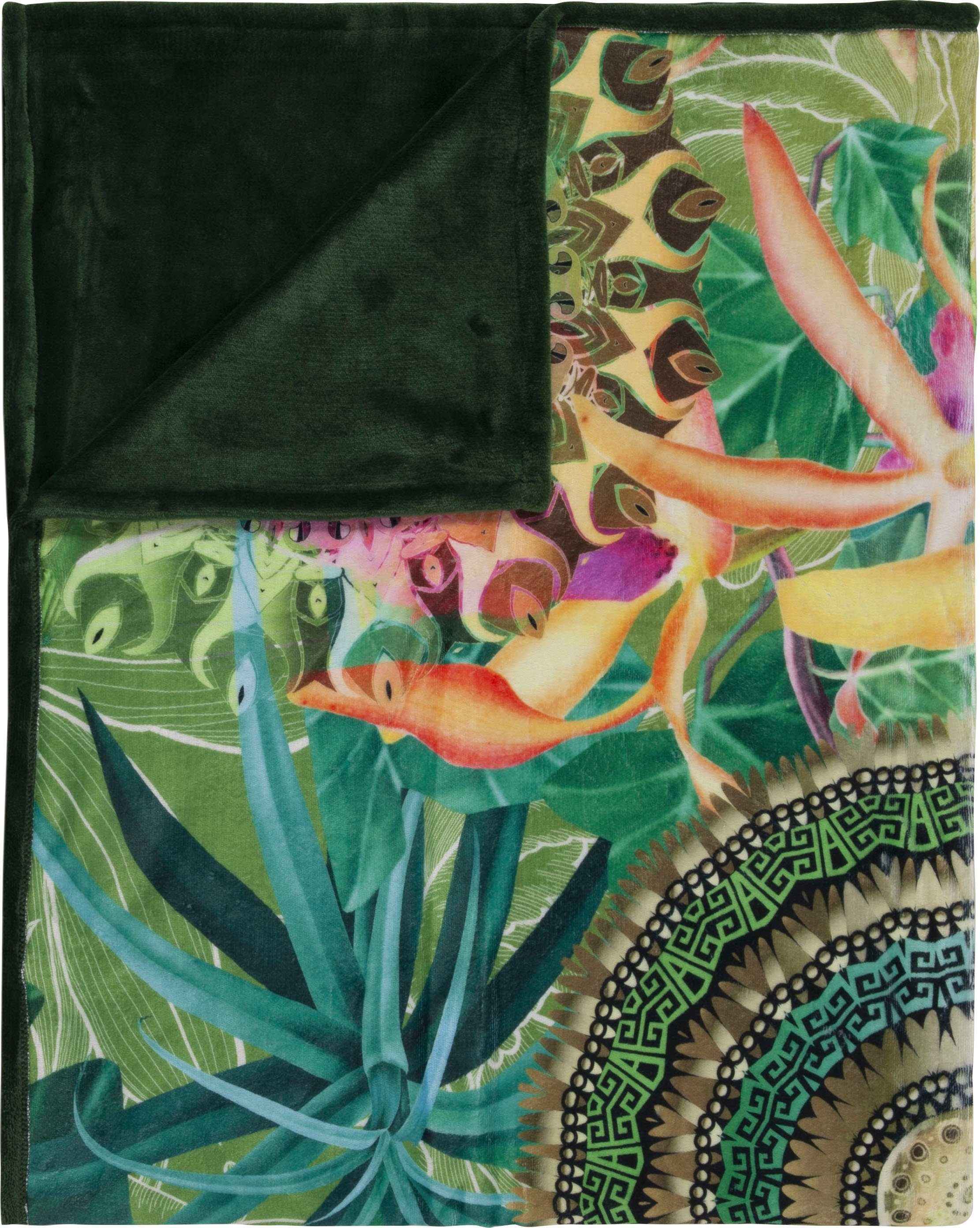 hip Plaid Yissa Zeer zacht, knuffeldeken, 130x160 cm, omkeerbaar, mandala, oker, groen