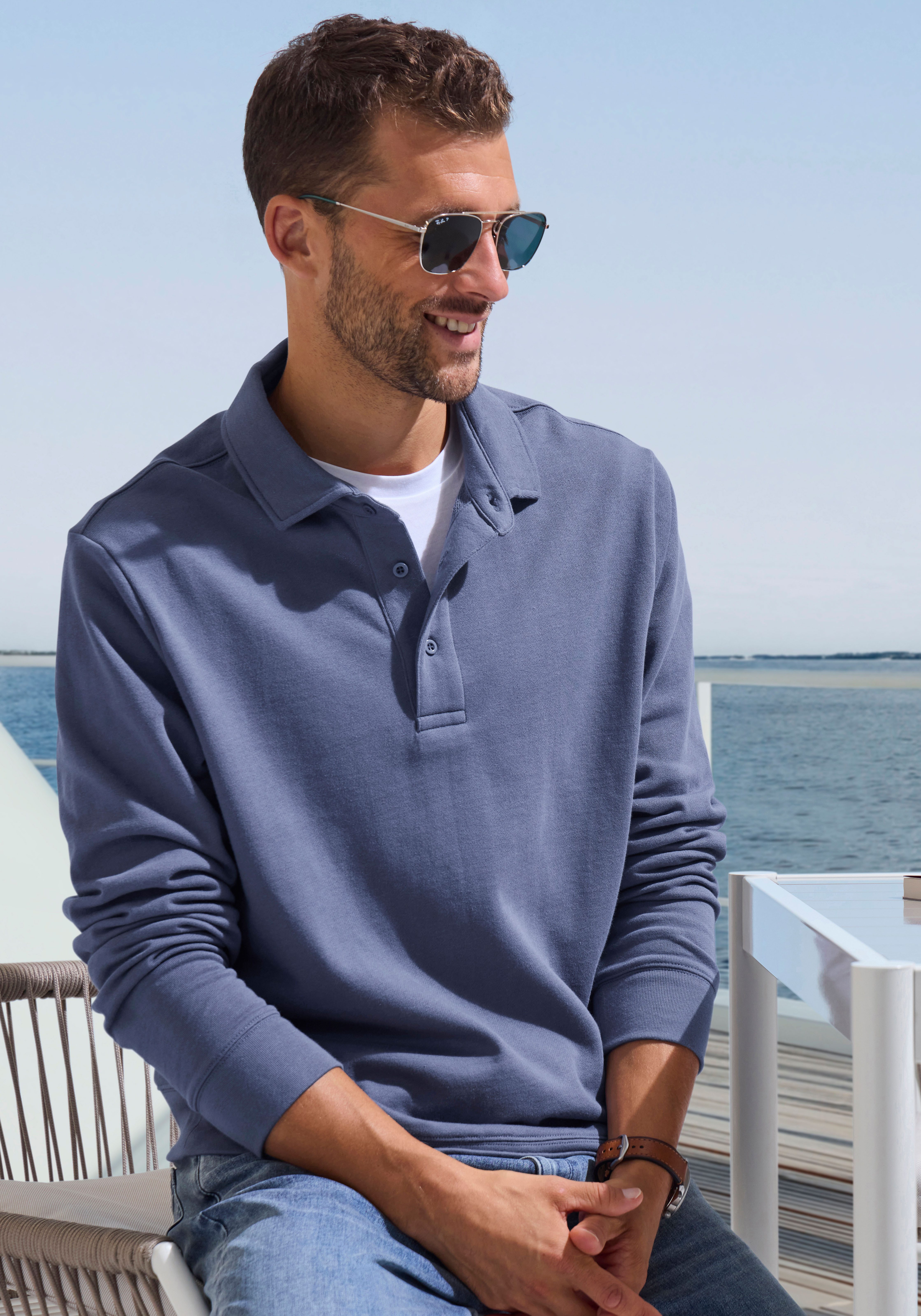 John Devin Sweatshirt Lange mouwen, sweatshirt met polokraag, katoenmix