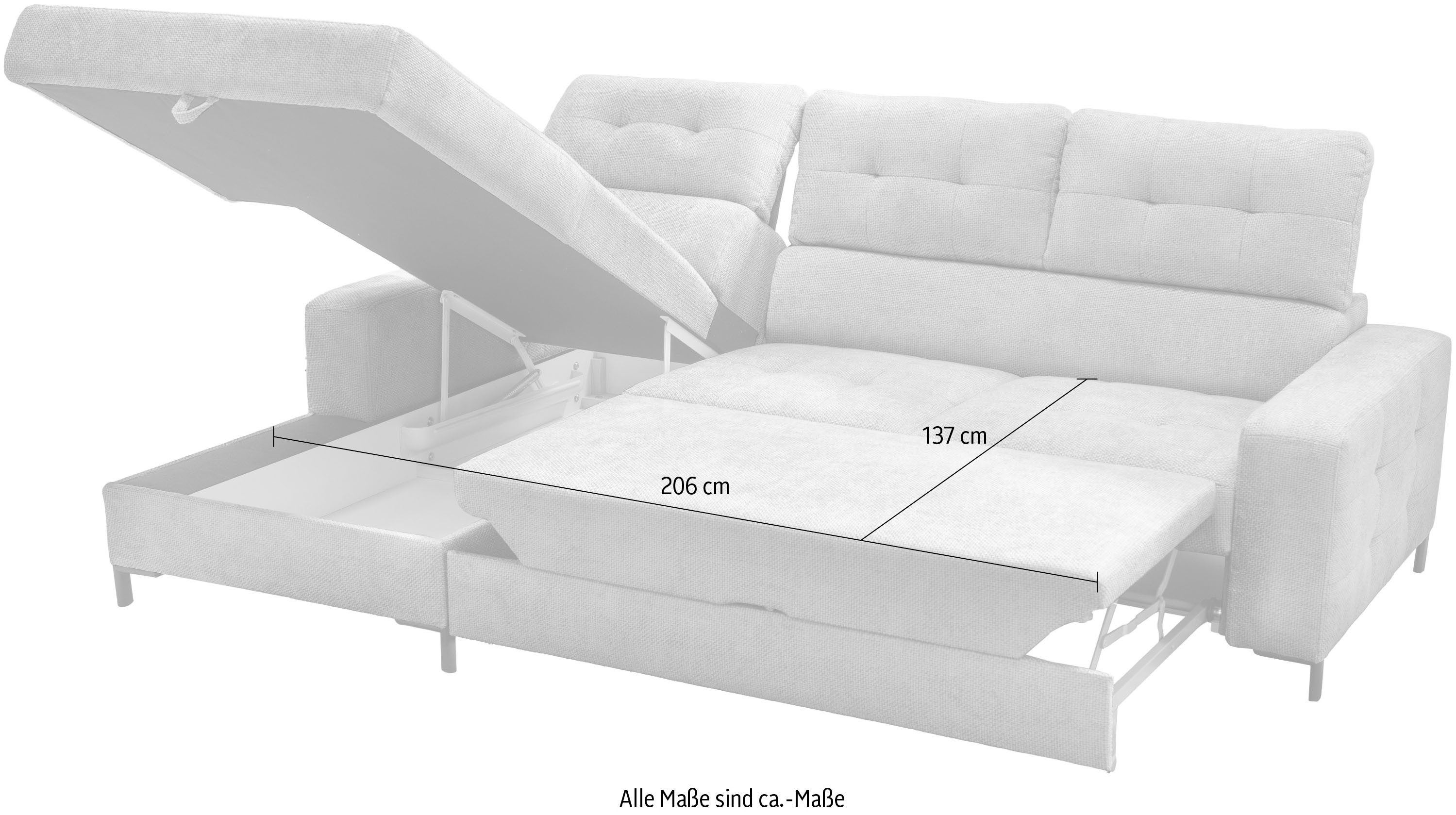 exxpo - sofa fashion Hoekbank Bonito, met rug- en zitdiepteverstelling, inclusief bed & bedlade