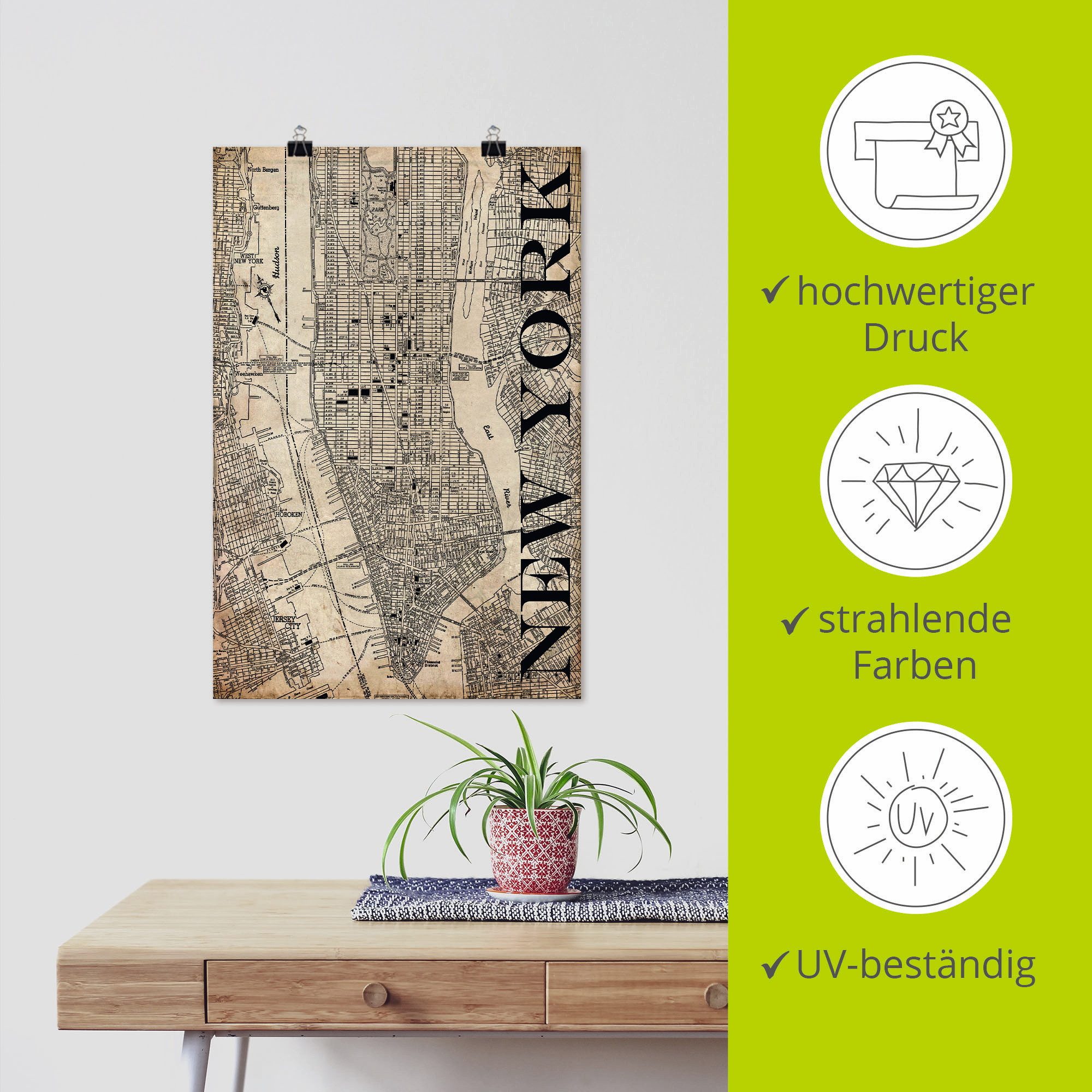 Artland Artprint New York kaart straten kaart Grunge als artprint op linnen, poster in verschillende formaten maten