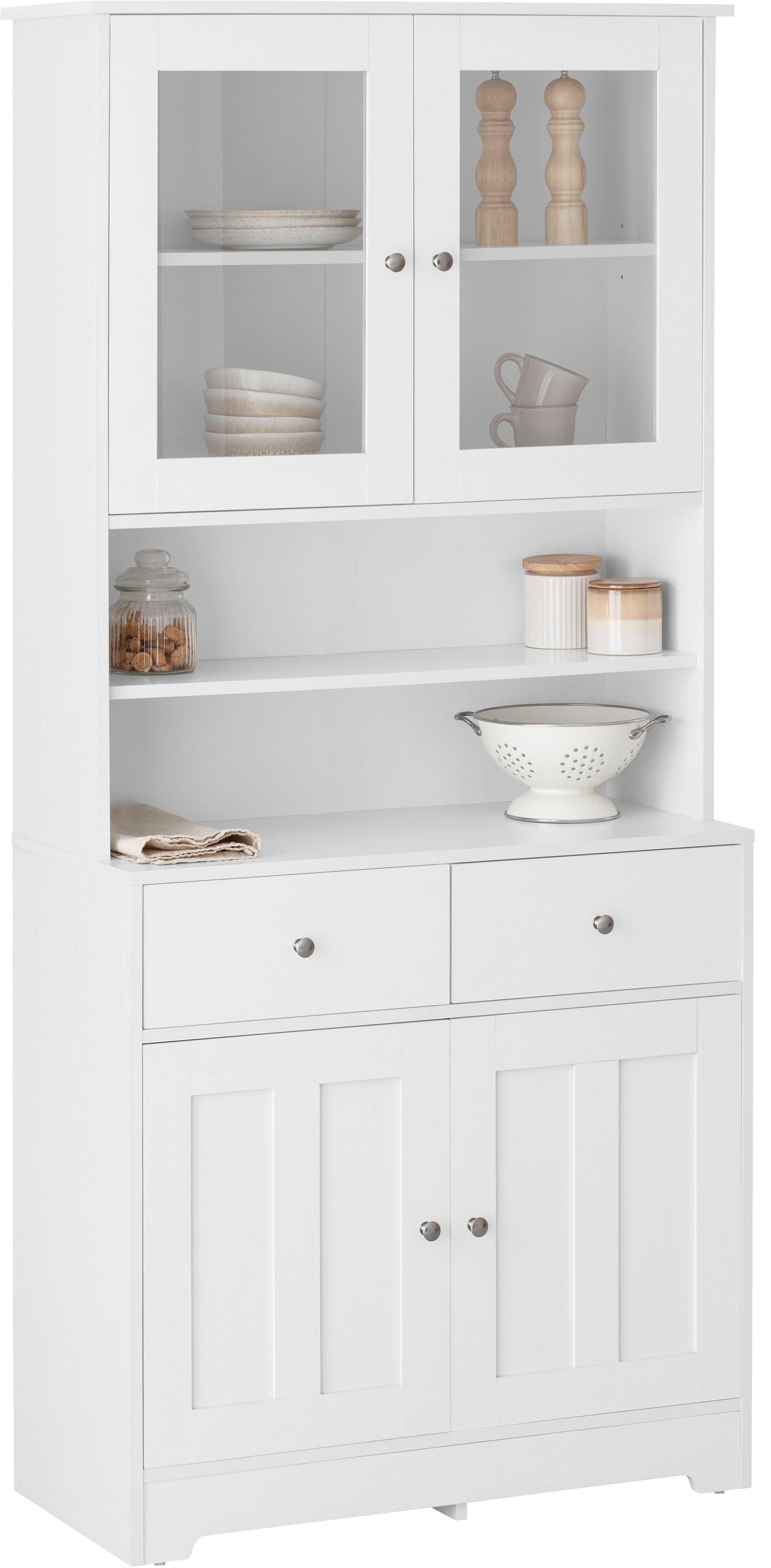 Home affaire Buffetkast Kate Breedte 88 cm, met glasdeuren en houten deuren, metalen handgrepen, hoogte 182 cm buffetkasten wit