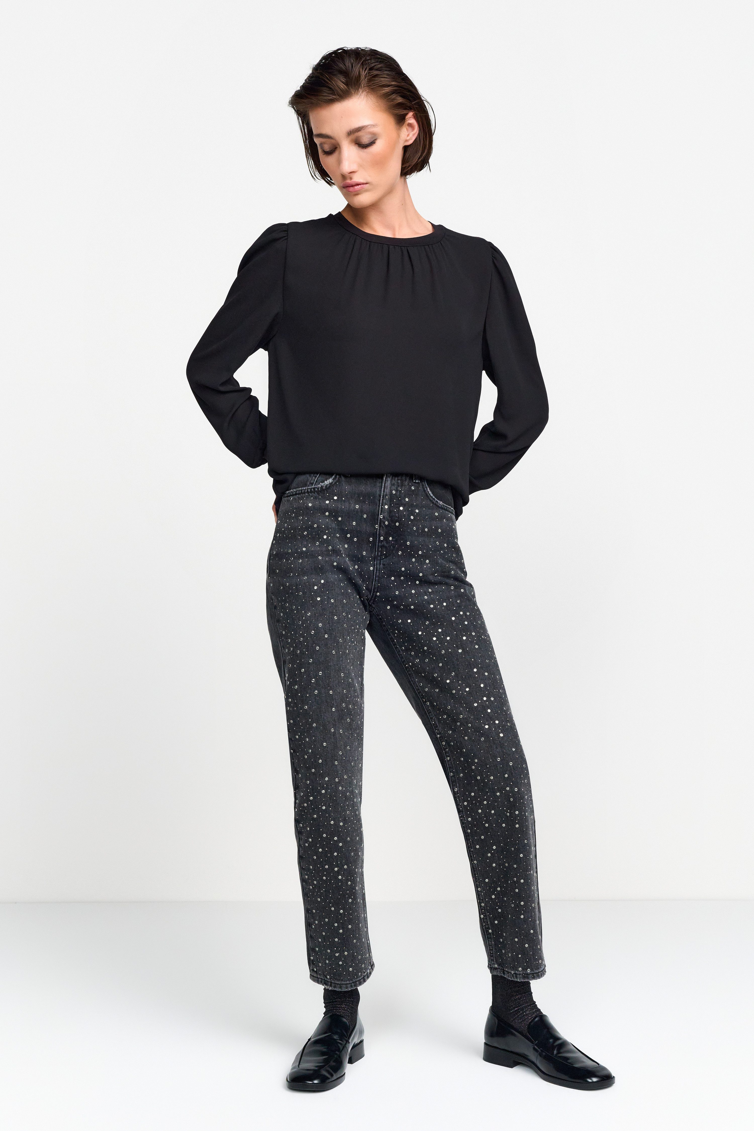 Rich & Royal Blouse met lange mouwen met fijne rimpeling aan de kraag