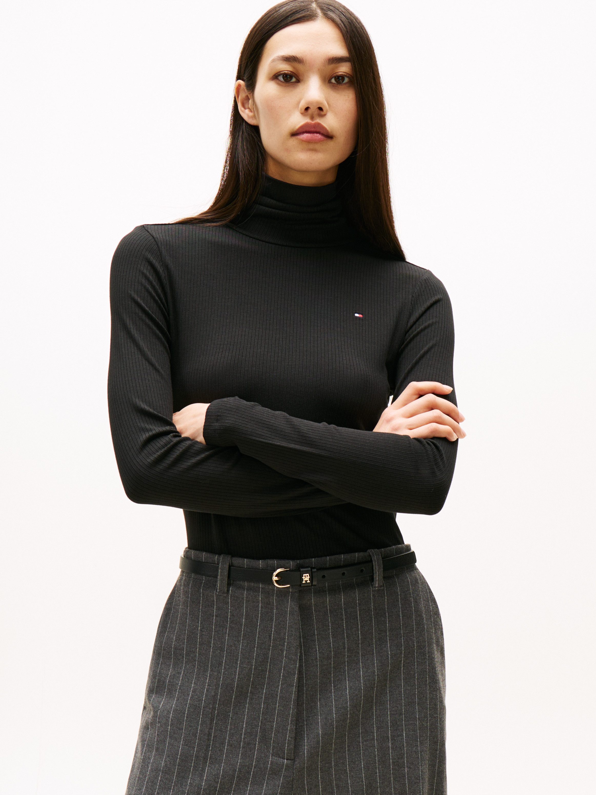 Tommy Hilfiger Shirt met lange mouwen SLIM 5X2 RIB ROLL-NK LS in een geribde structuur