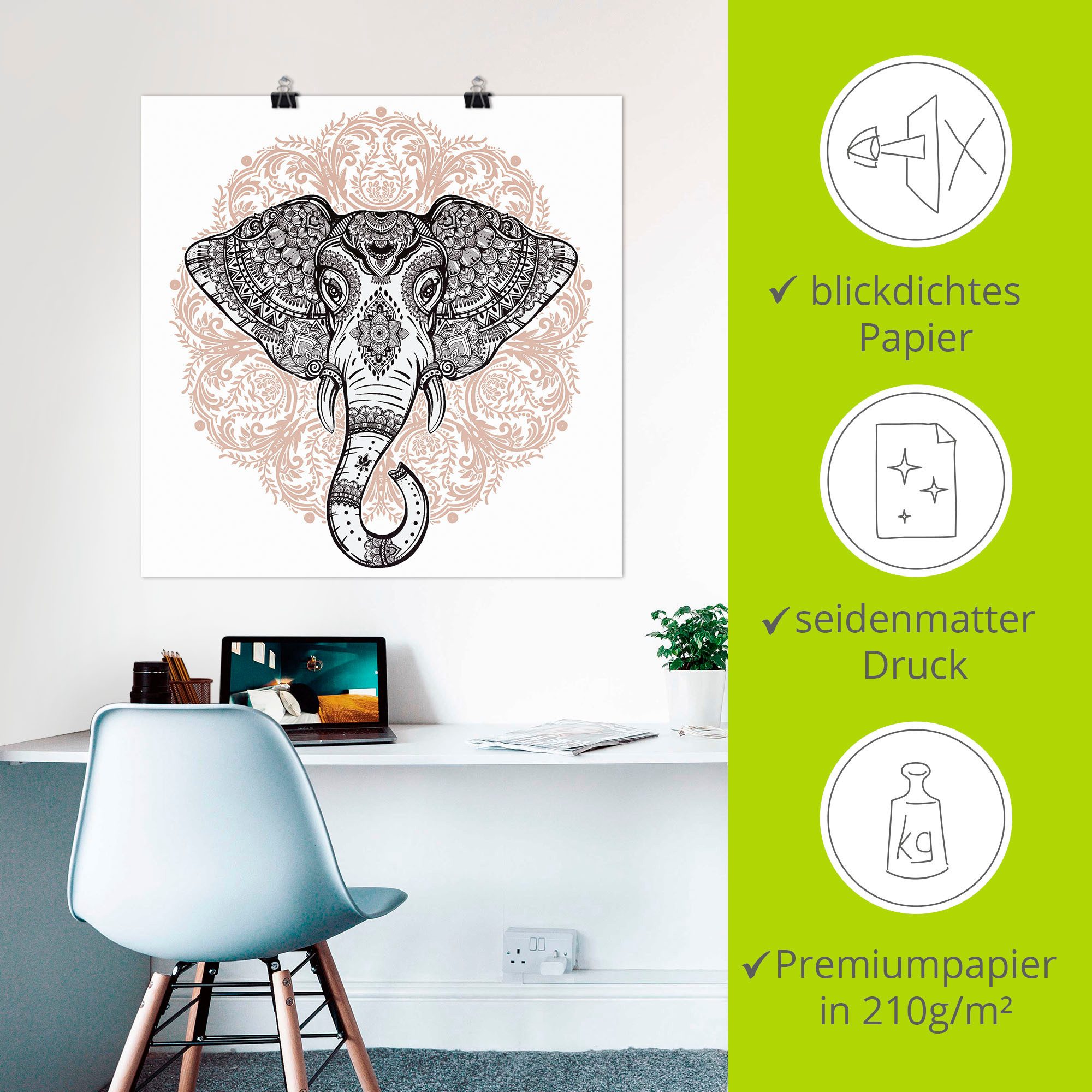 Artland Artprint Vintage mandala olifant als artprint op linnen, poster, muursticker in verschillende maten