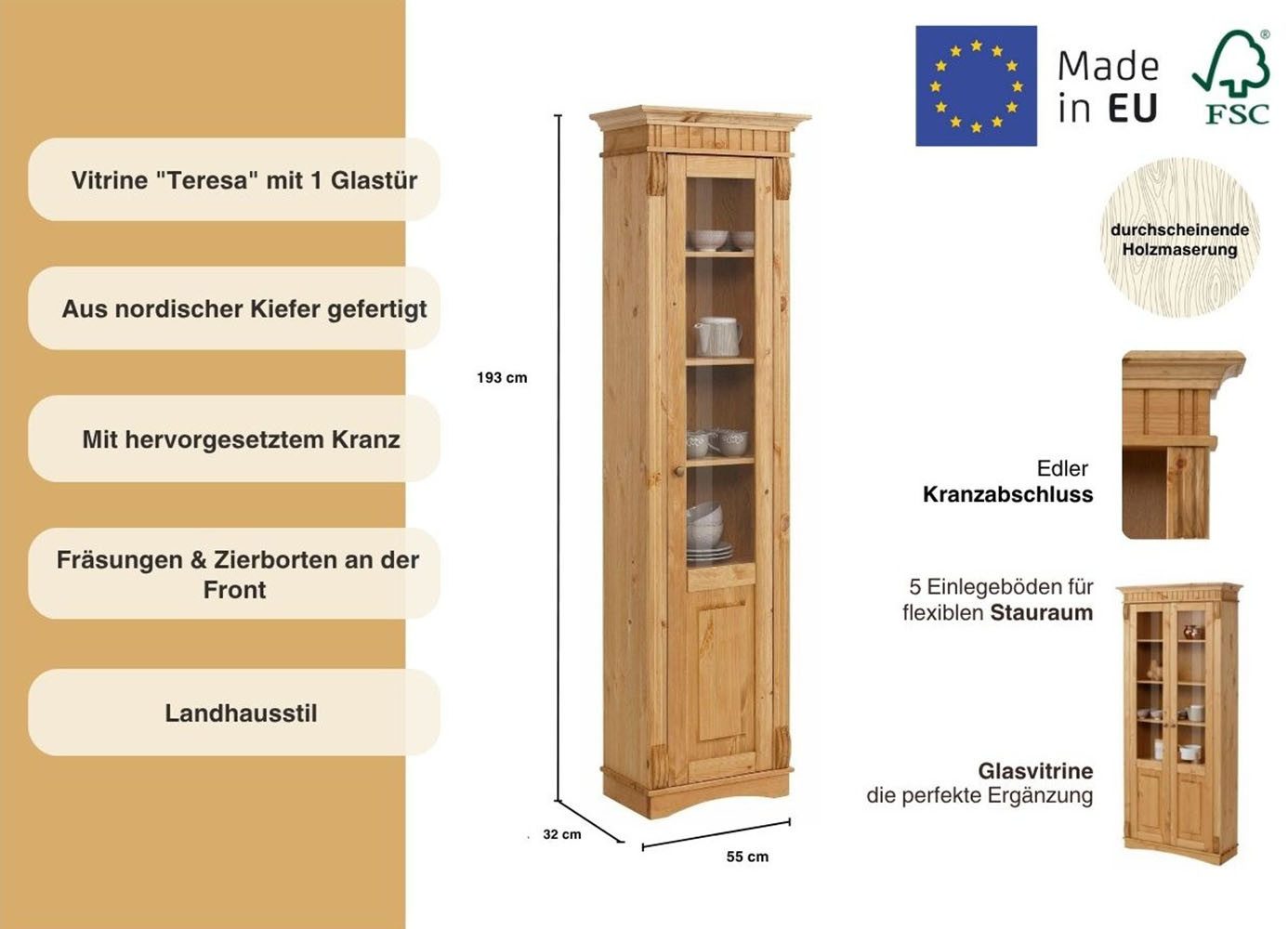 Home affaire Vitrinekast Teresa met 1 glazen deur, hoogte 193 cm, van massief grenen, fsc®