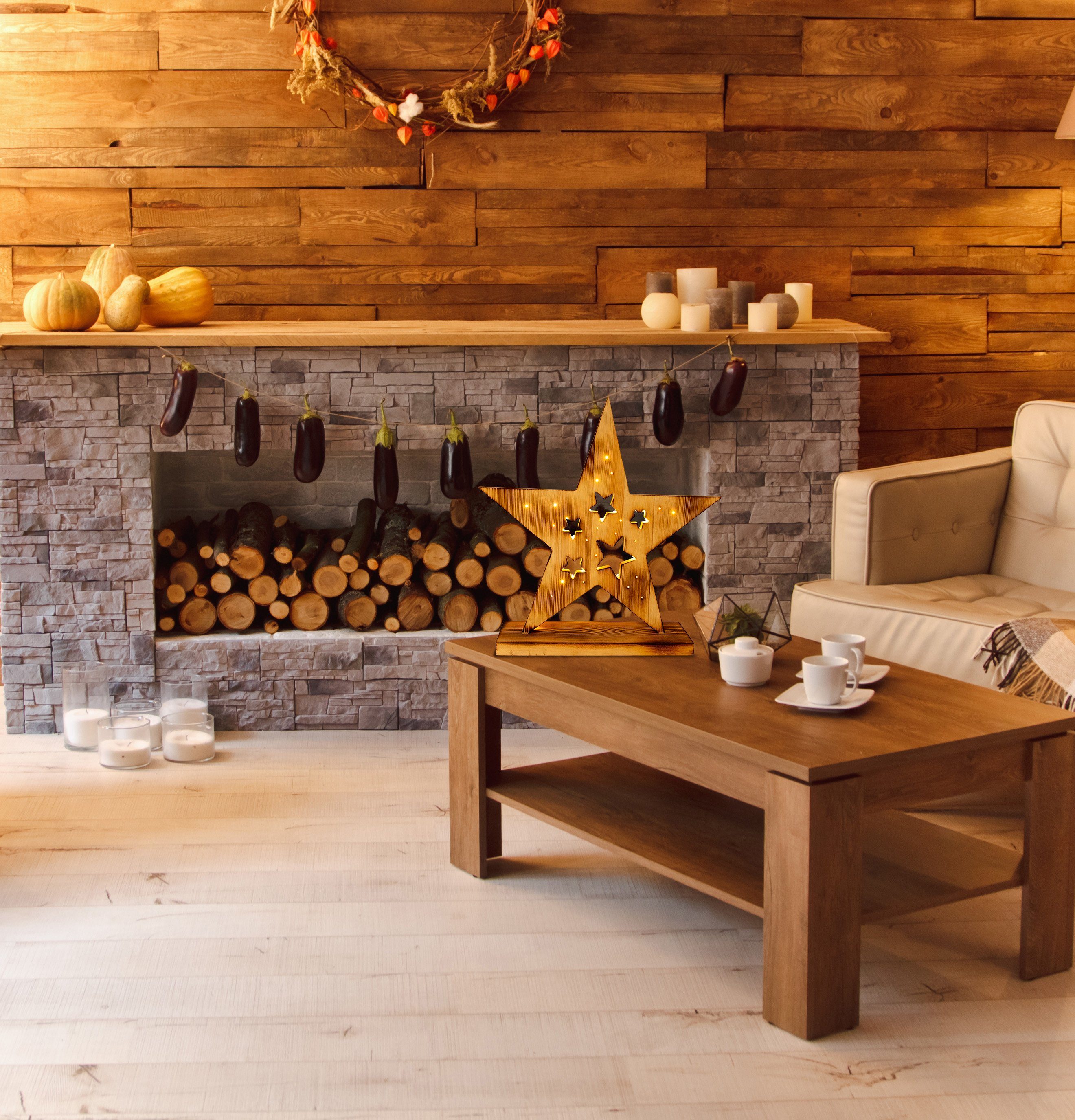 näve Decoratief ledobject Houten ster met ledverlichting h: 49 cm, kerstversiering buiten (1 stuk)