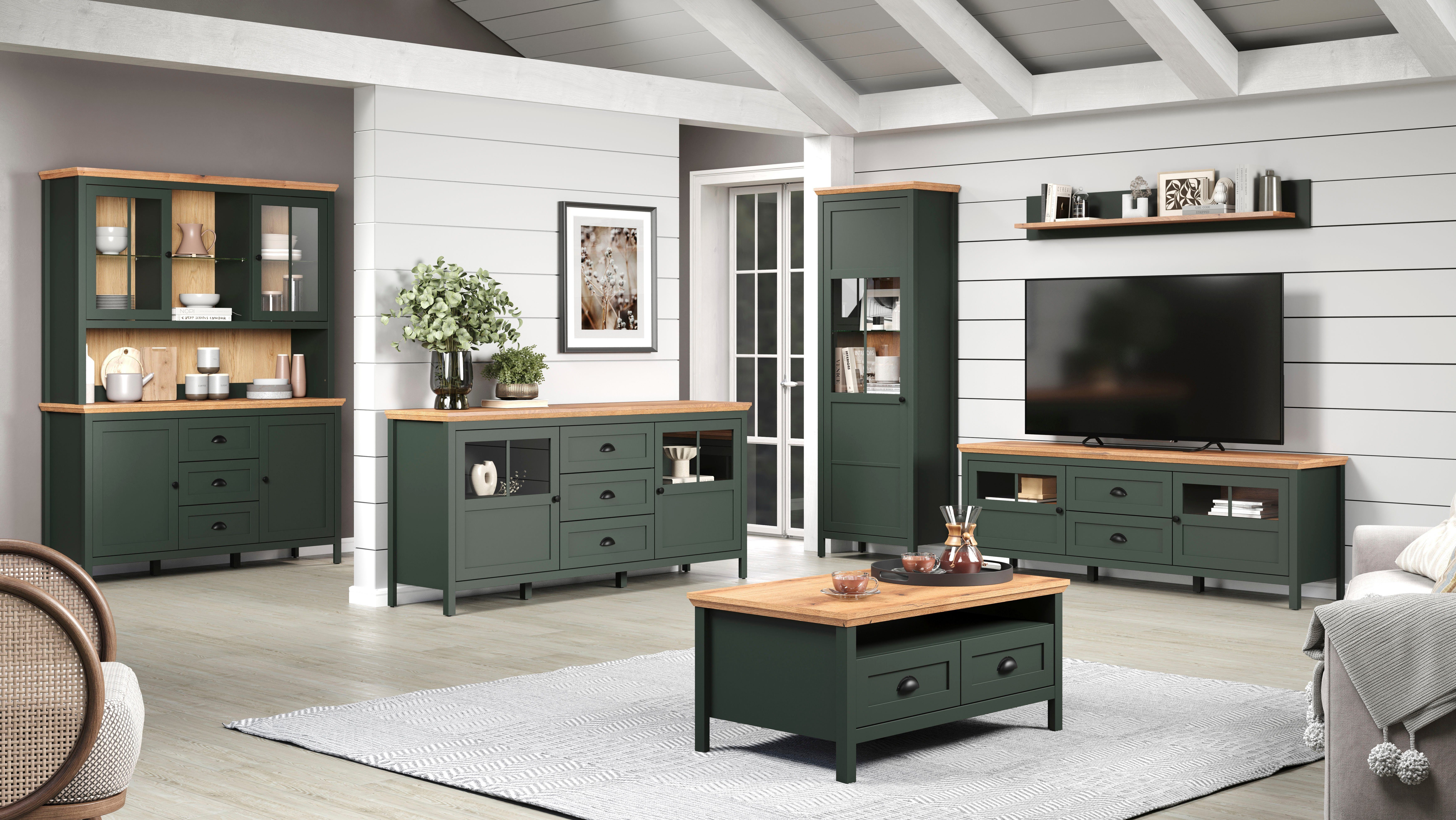 Home affaire Dressoir Vienna Commode in landhuisstijl met schelpenhandgrepen en glazen deuren