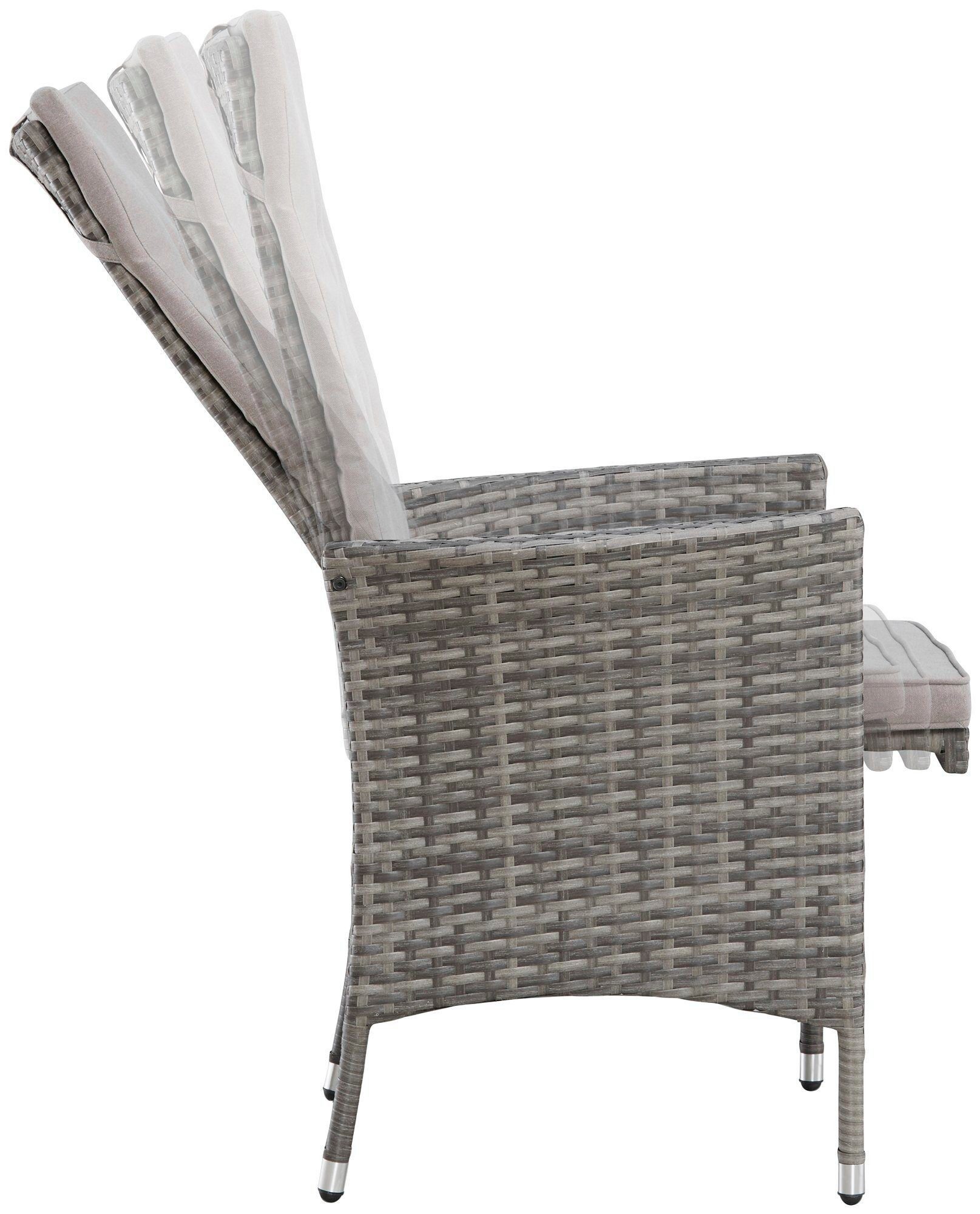 KONIFERA Tuin-eethoek Parla 2 van de 6 stoelen zijn verstelbaar, grijs, tafelblad van veiligheidsglas (set, 21-delig)