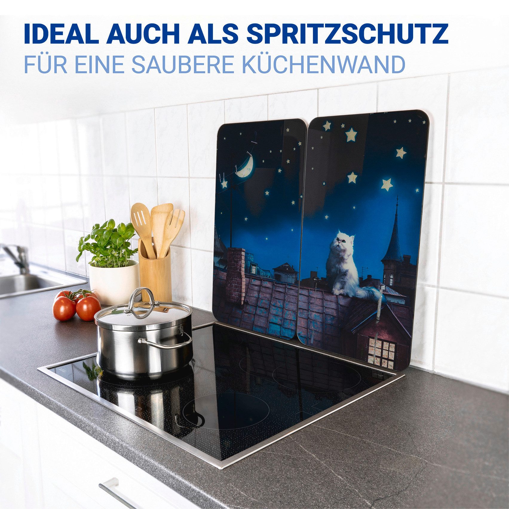 WENKO Kookplaatdeksel Universeel Model Maan Kat Kookplaatafdekking voor alle soorten kookplaten, krasvast, met antislipvoetjes (set, 2-delig)