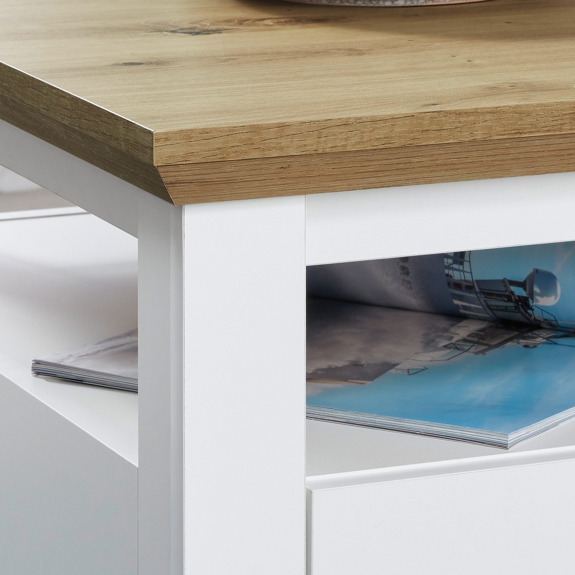 INOSIGN Salontafel Ulm Woonkamertafel in wit/eiken met afgeschuind bovenblad - 70/70 cm