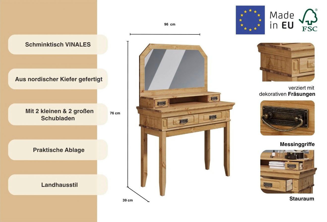 Home affaire Make-uptafel Vinales, console voor de gang Van massief grenen, met freeswerk