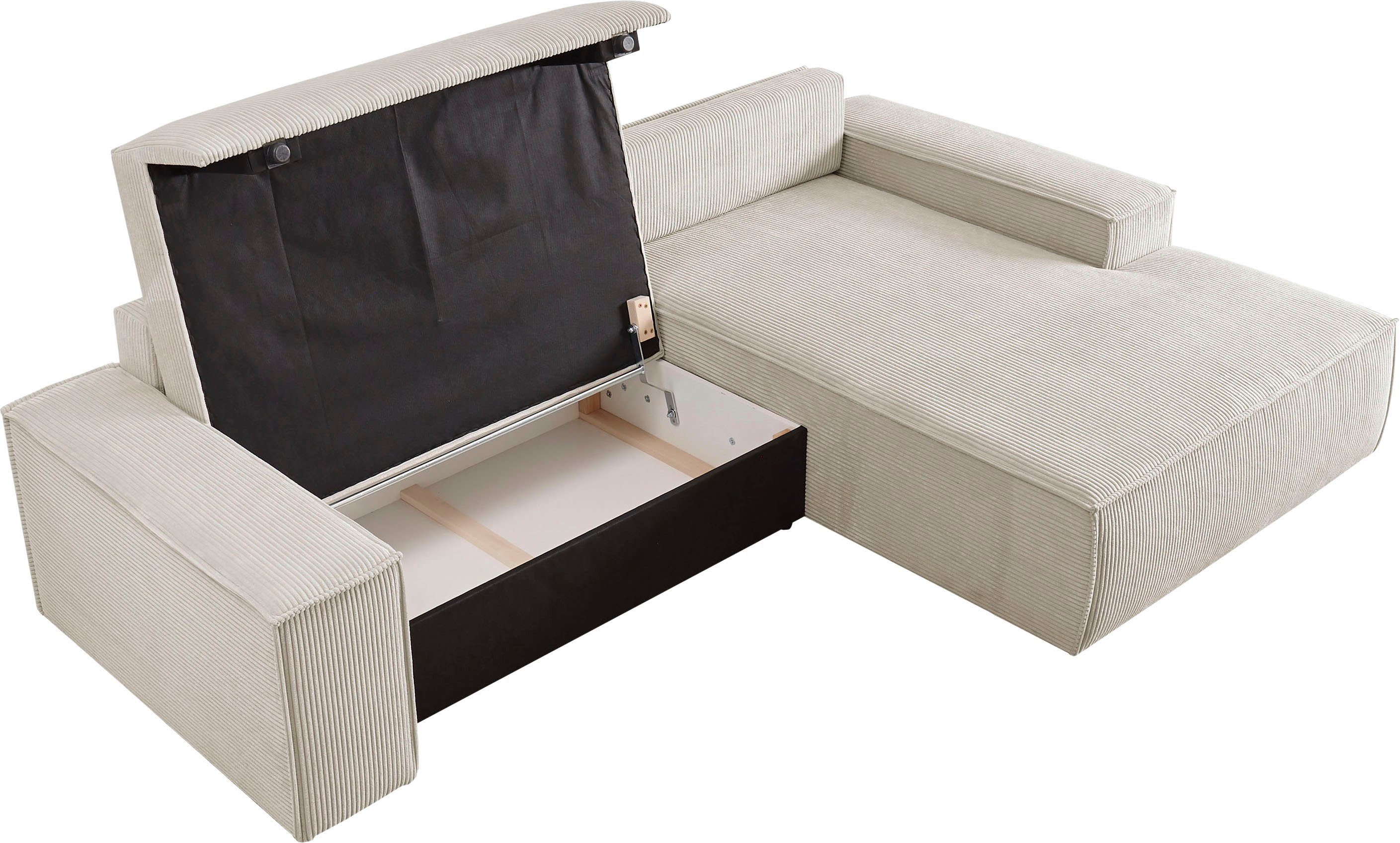 Home affaire Hoekbank SHERWOOD bedbank 267 cm, L-model, Slaapfunctie met bedlade (210x136 cm), cord, vintage, fluweel