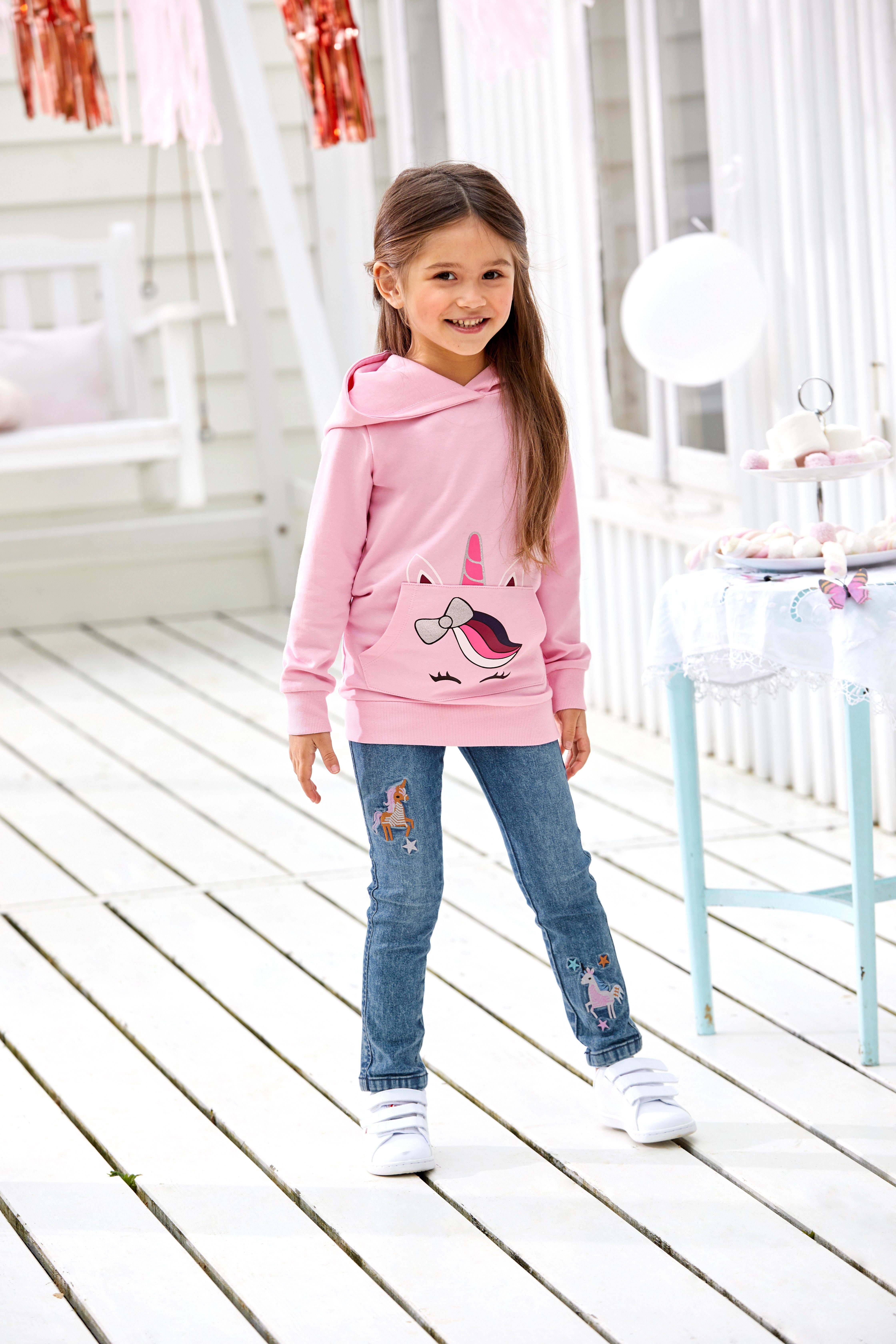 KIDSWORLD Hoodie Long sweatshirt with cute unicorn Lange mouwen, basic pasvorm, bedrukt, met capuchon, van katoen