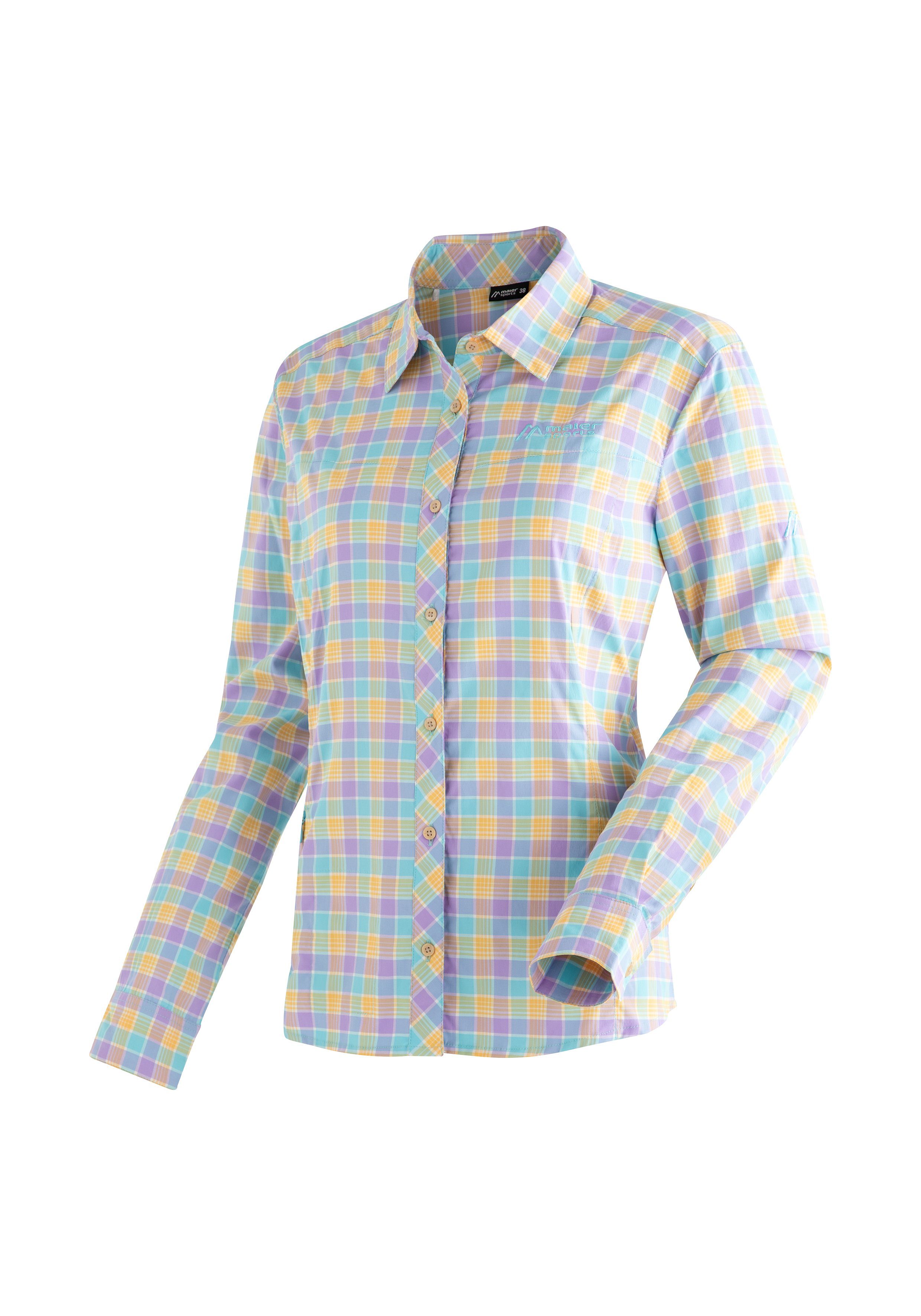 Maier Sports Outdoorblouse Kendra L/S W Dames lange mouwen blouse, onderhoudsvriendelijke geruite blouse dames lange blouses maat 38 blauw