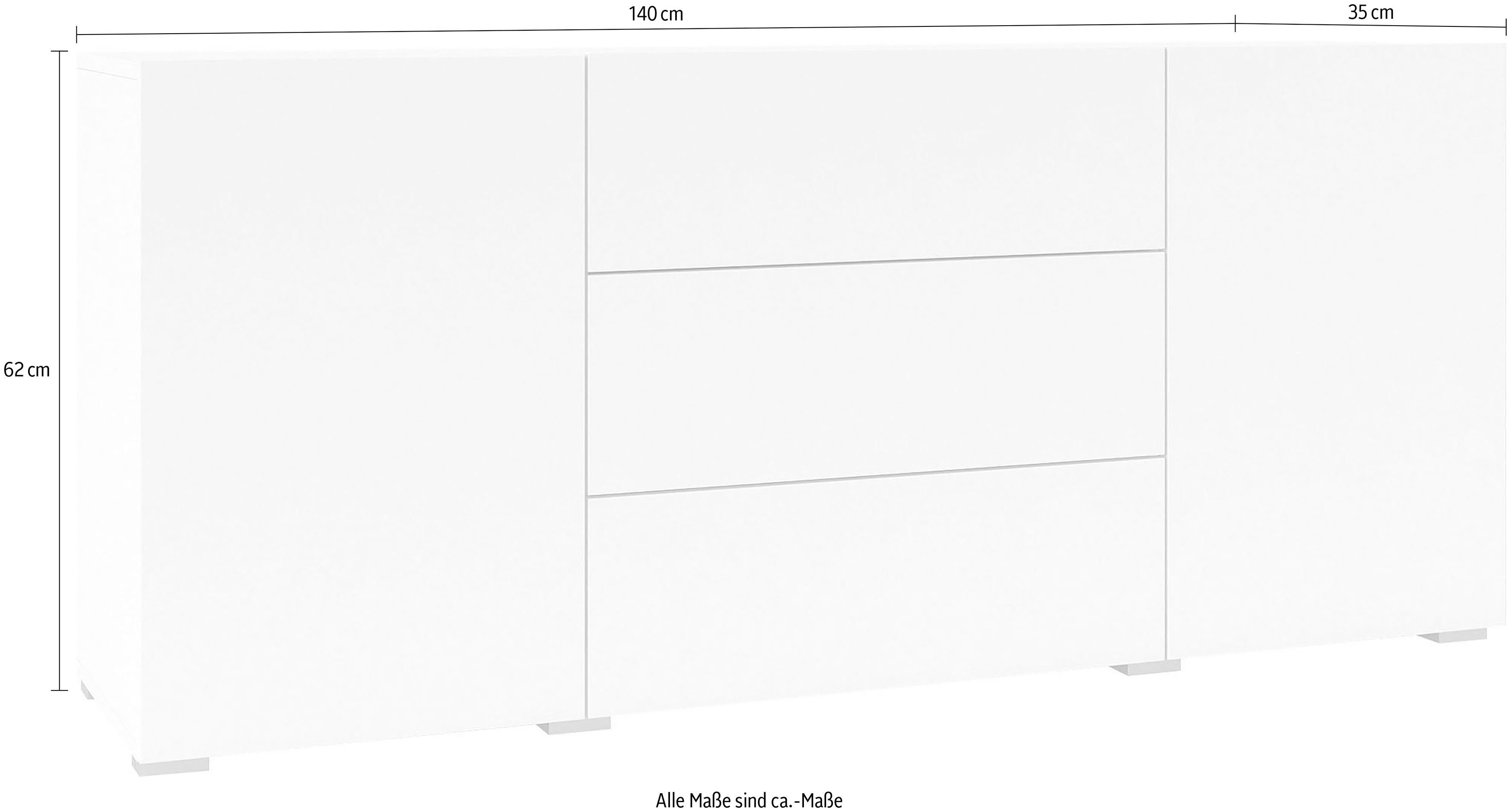 INOSIGN Dressoir Ava, breedte 140 cm, hangend en staand te monteren moderne grepless commode, ladekast, 2 deuren/3 lades