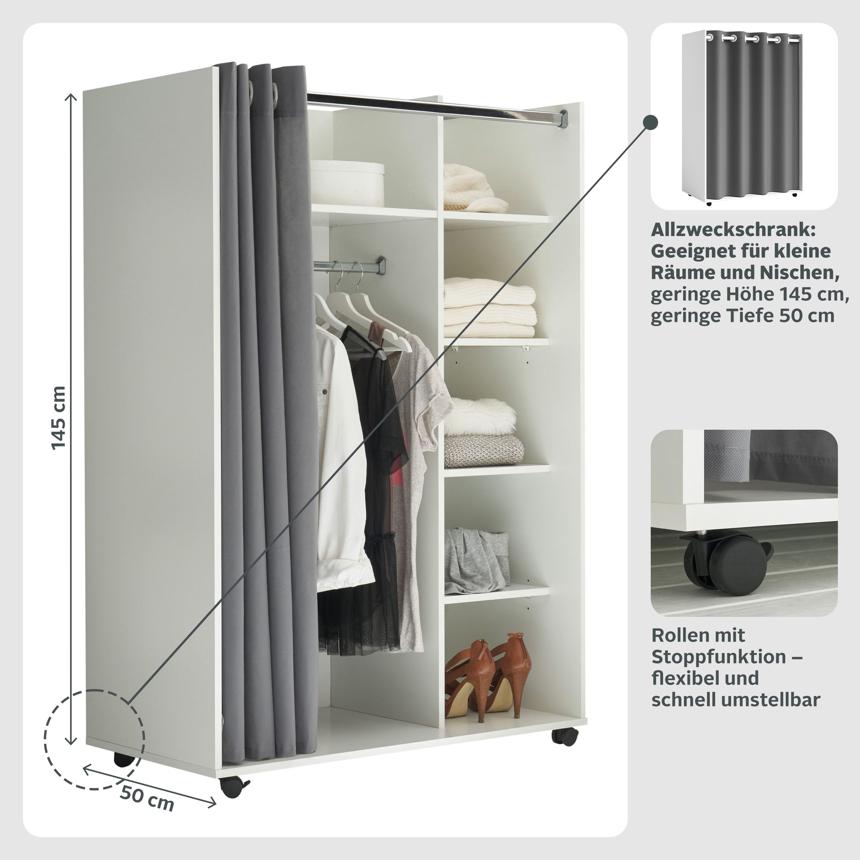 Schlafkontor Kledingkast Jenke kledingkast slaapkamerkast op wielen - BESTSELLER Multifunctionele kledingkast met moderne gordijngarderobe