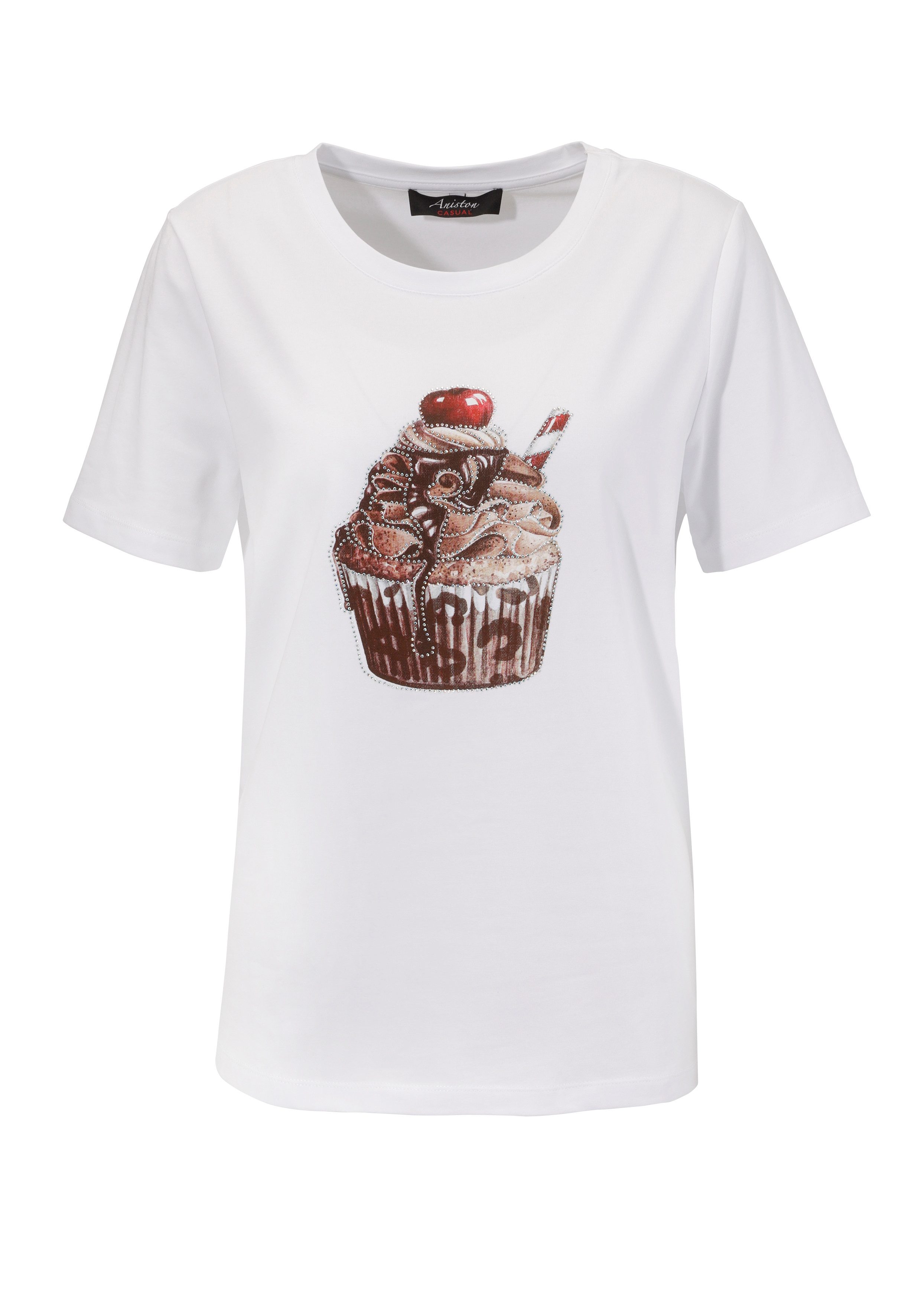 Aniston CASUAL T-shirt met glittersteentjes versierde cupcake-voorkantdruk