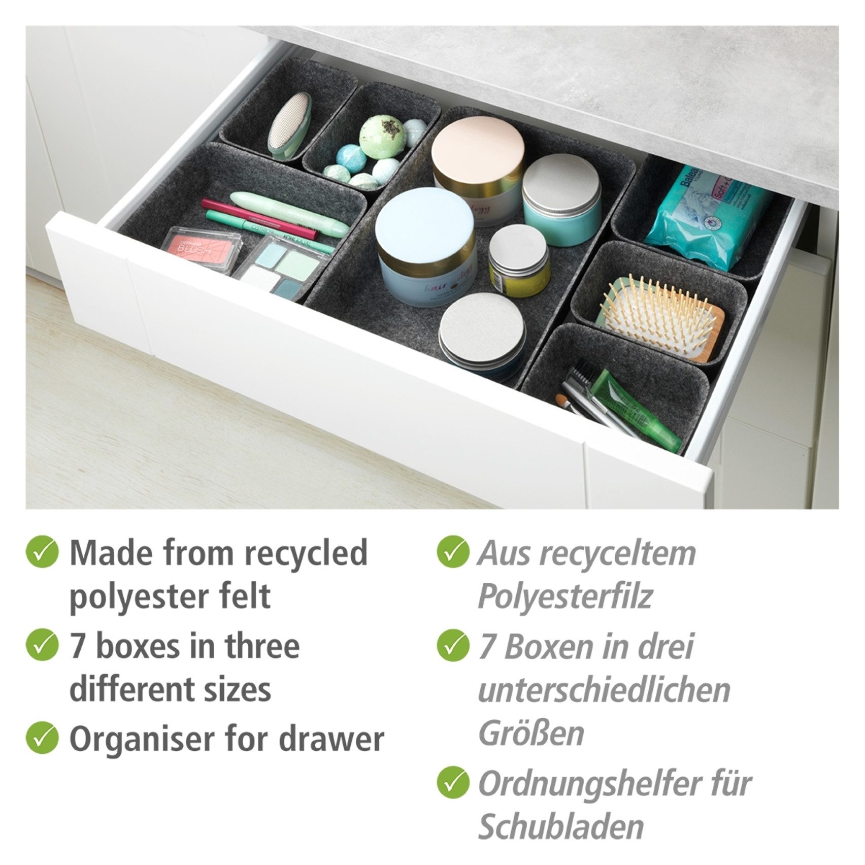 WENKO Organizer Opbergdozen voor lades, 3 maten, gerecycled polyester vilt (set, 7-delig)