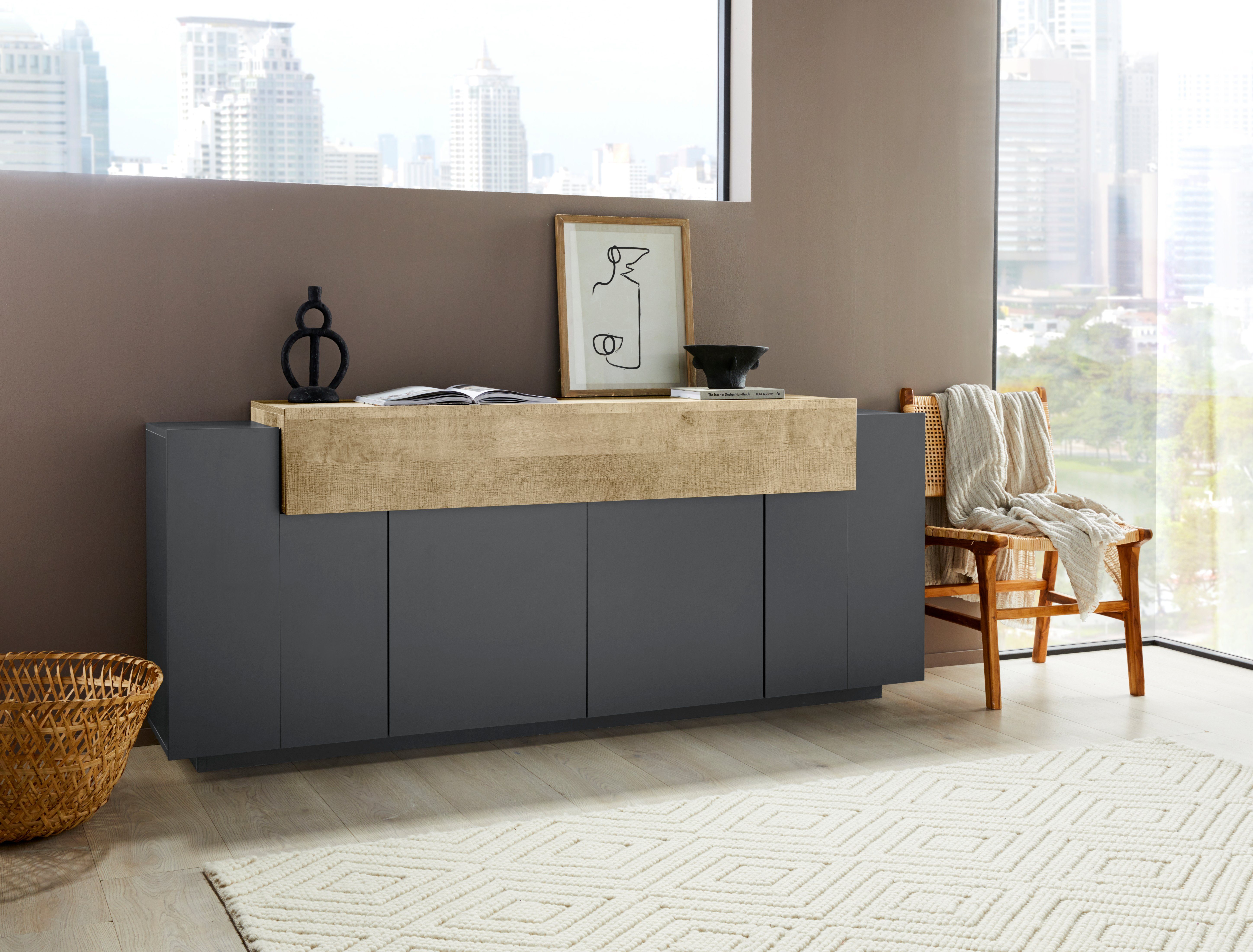 INOSIGN Dressoir Coro, commode, kast, buffet, greeploos met legplanken 1 klep, 4 deuren, dubbele diepte, bxdxh 200x45x85,6 cm