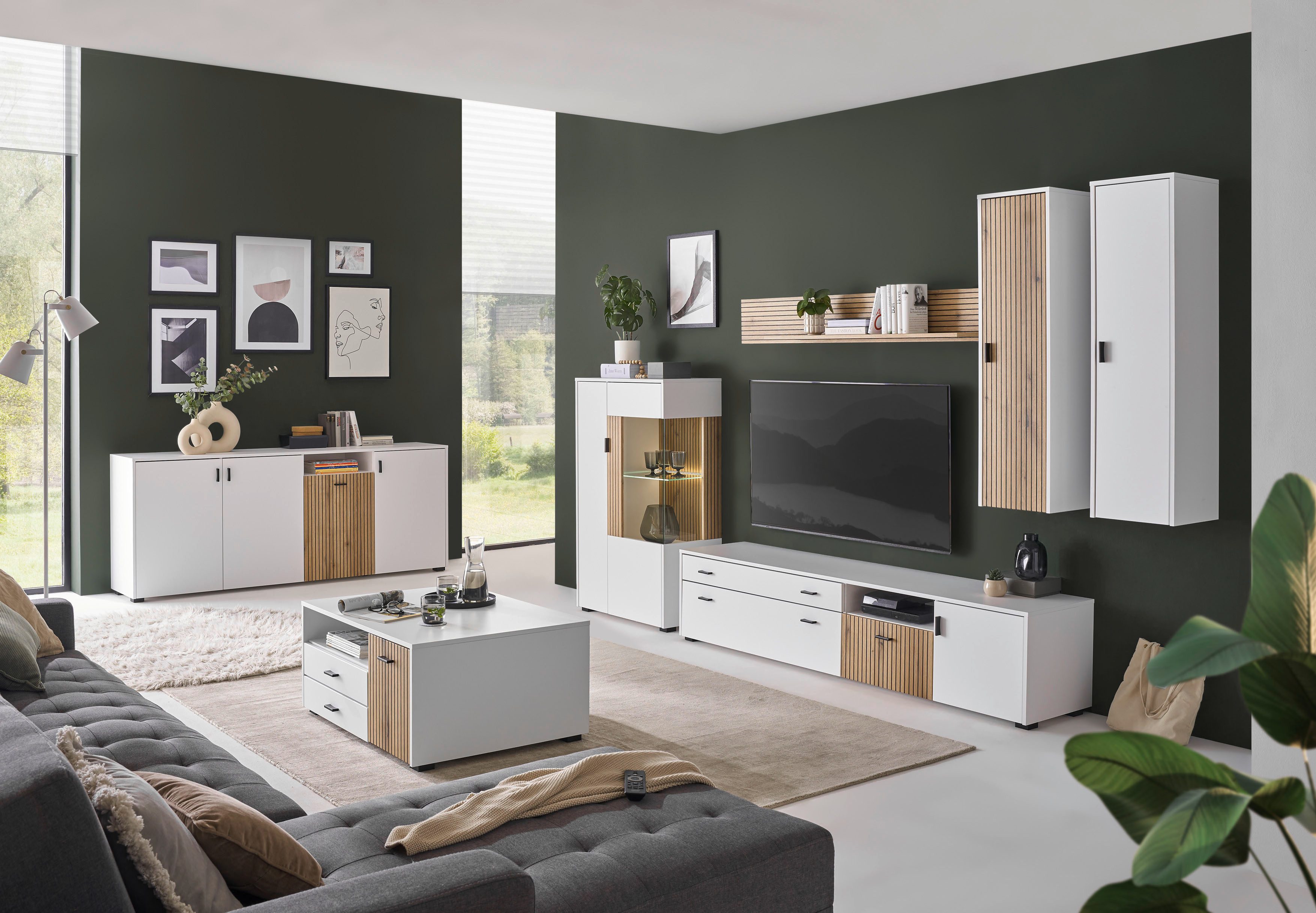 INOSIGN Wandmeubel Hudson met moderne groevenlook, handgrepen van metaal (zwart), breedte 328 cm (set, 5-delig)