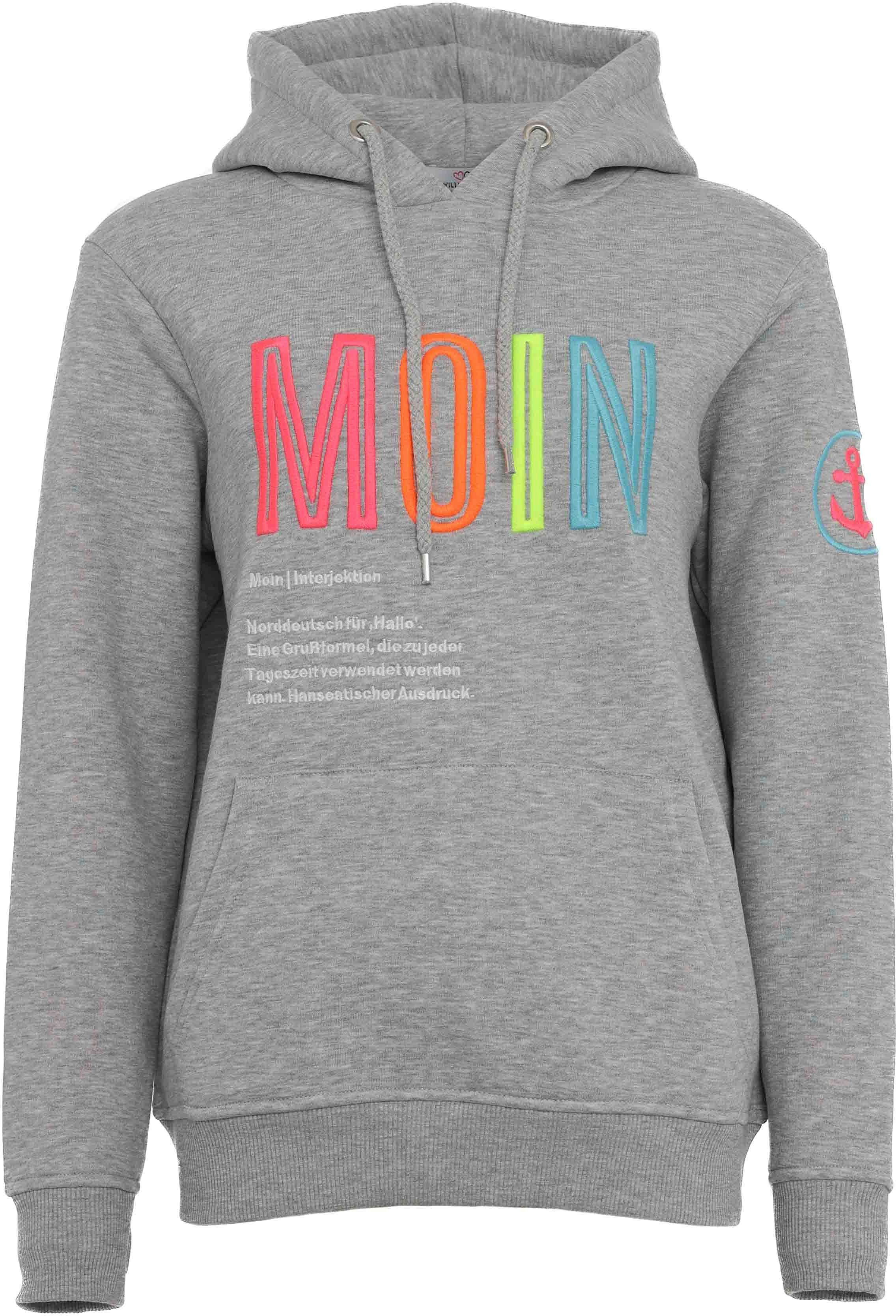 Zwillingsherz Sweatshirt met geborduurd "moin"-schrift in neonkleuren