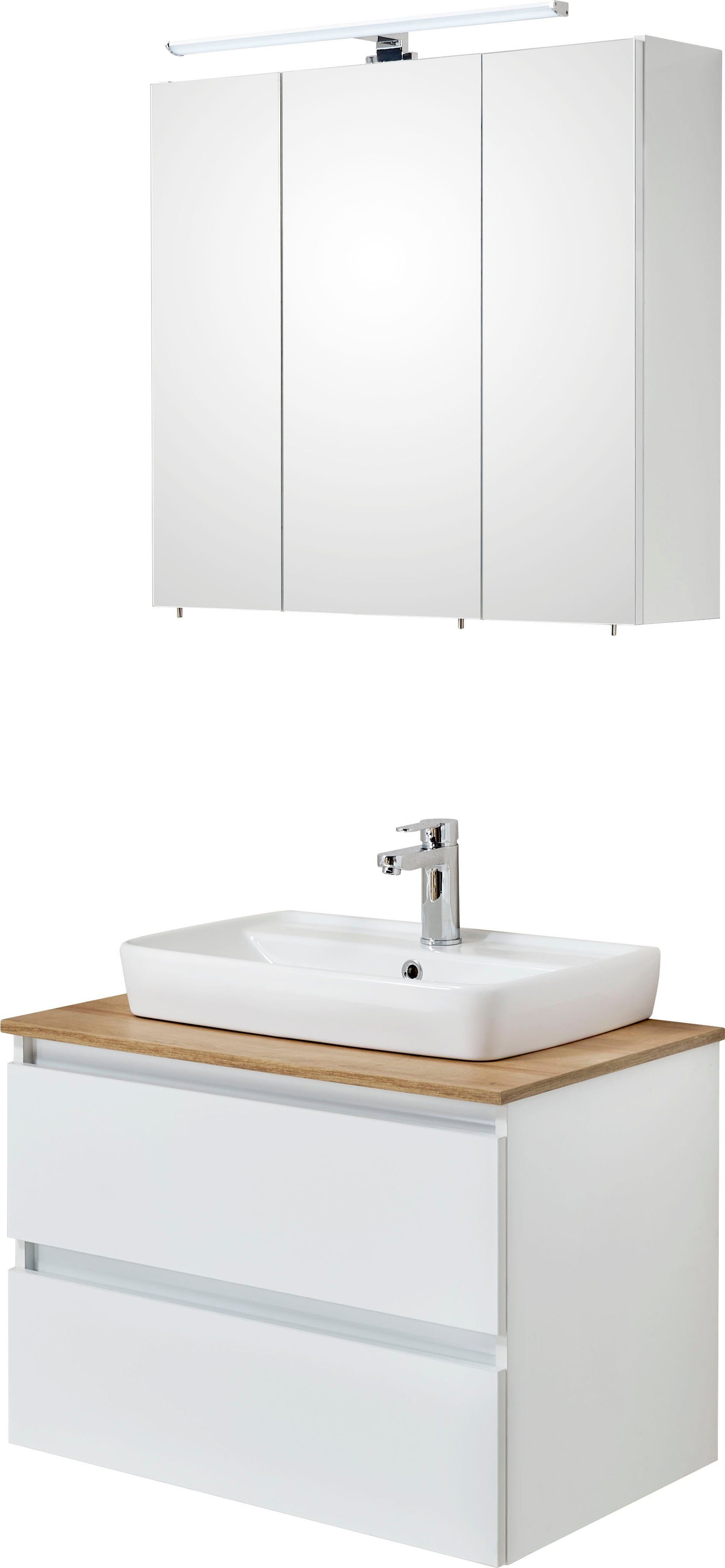 Saphir Badkamerserie Quickset 360 2-delig, keramische opzetwasbak met LED-spiegelkast (2-delig) badmeubelsets wit