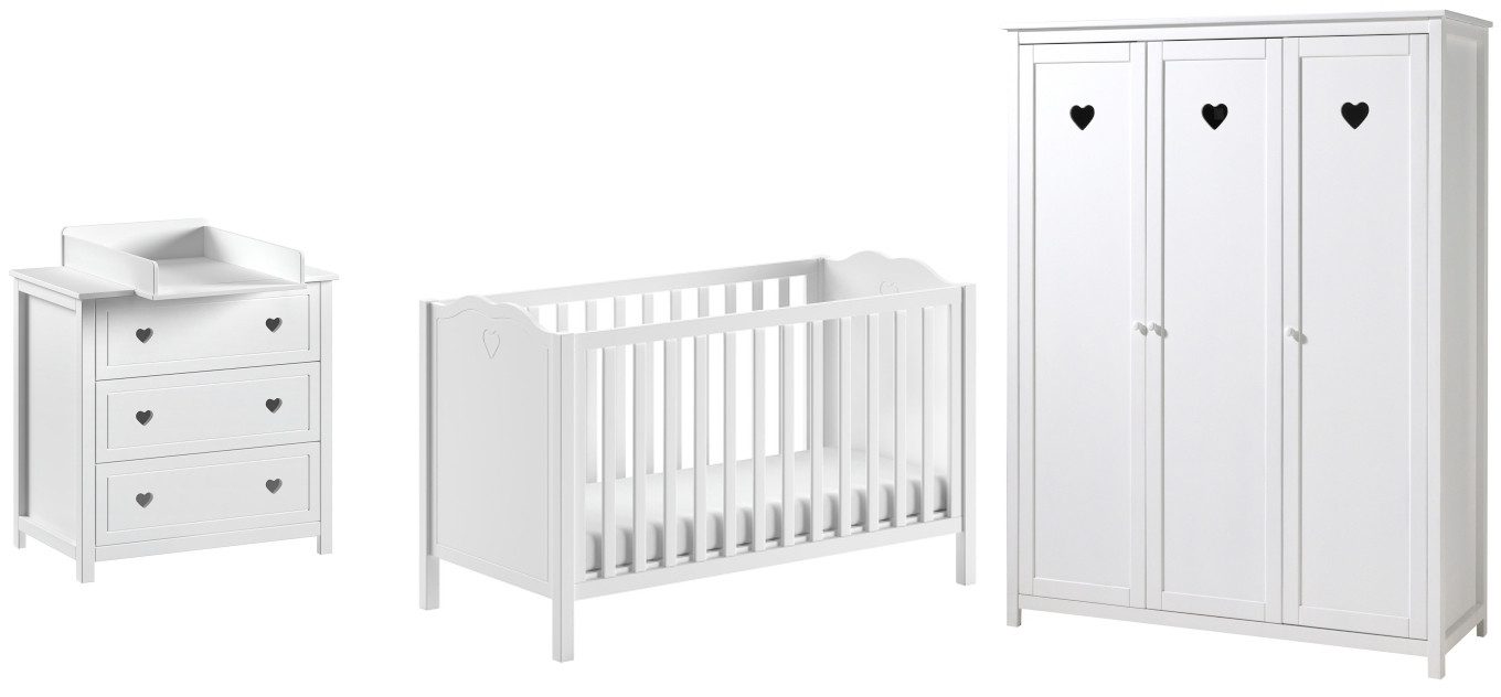 Vipack Complete babykamerset Amori 4-delig met hartornamenten, MDF/massief wit gelakt (4-delig) complete babykamers wit