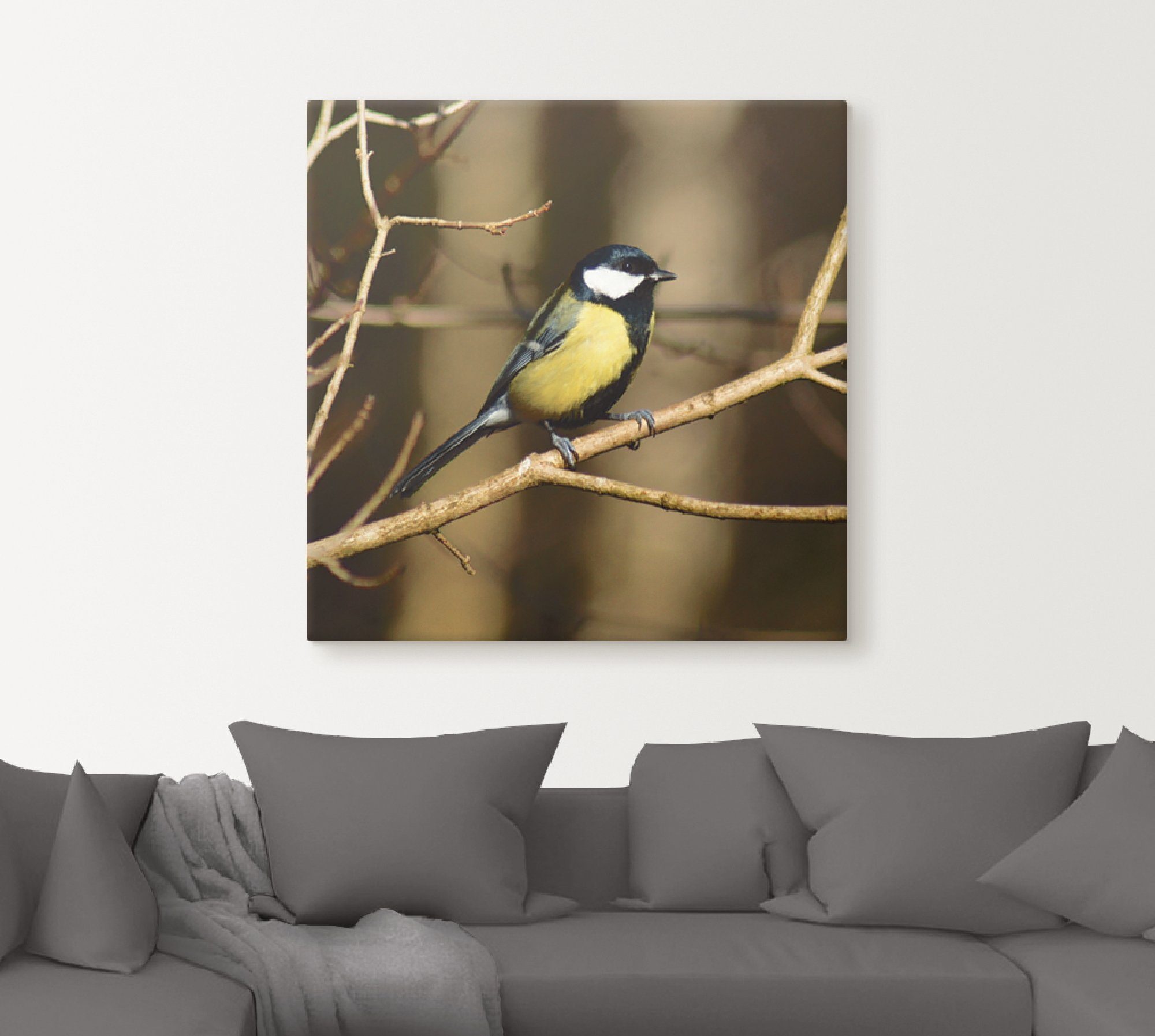 Artland Artprint op linnen Koolmees in het bos gespannen op een spieraam
