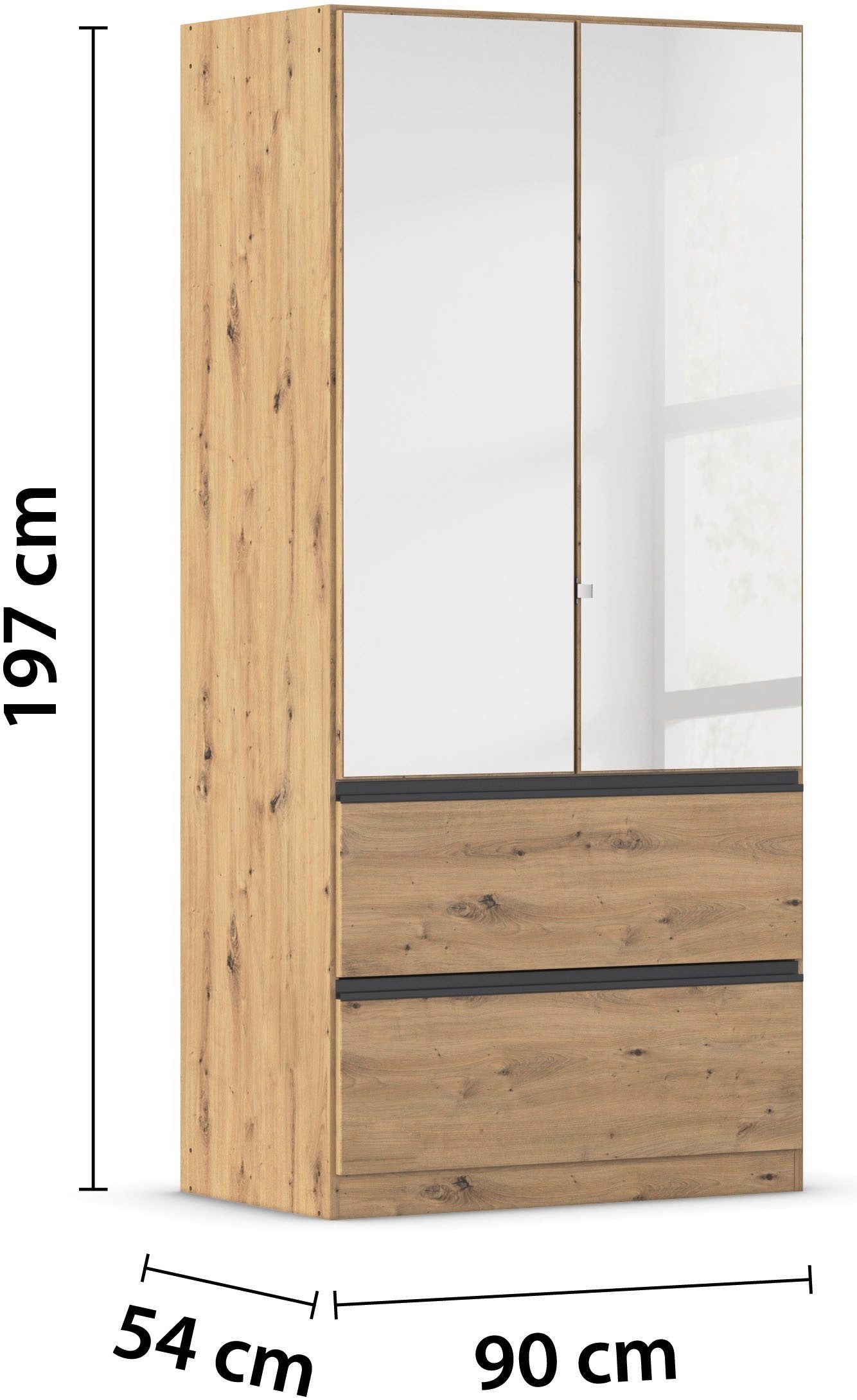 rauch Draaideurkast Kledingkast Kast Garderobe Wasmand COSTA in 3 Breedtes met spiegel, greeploos front en push-to-open functie made in germany