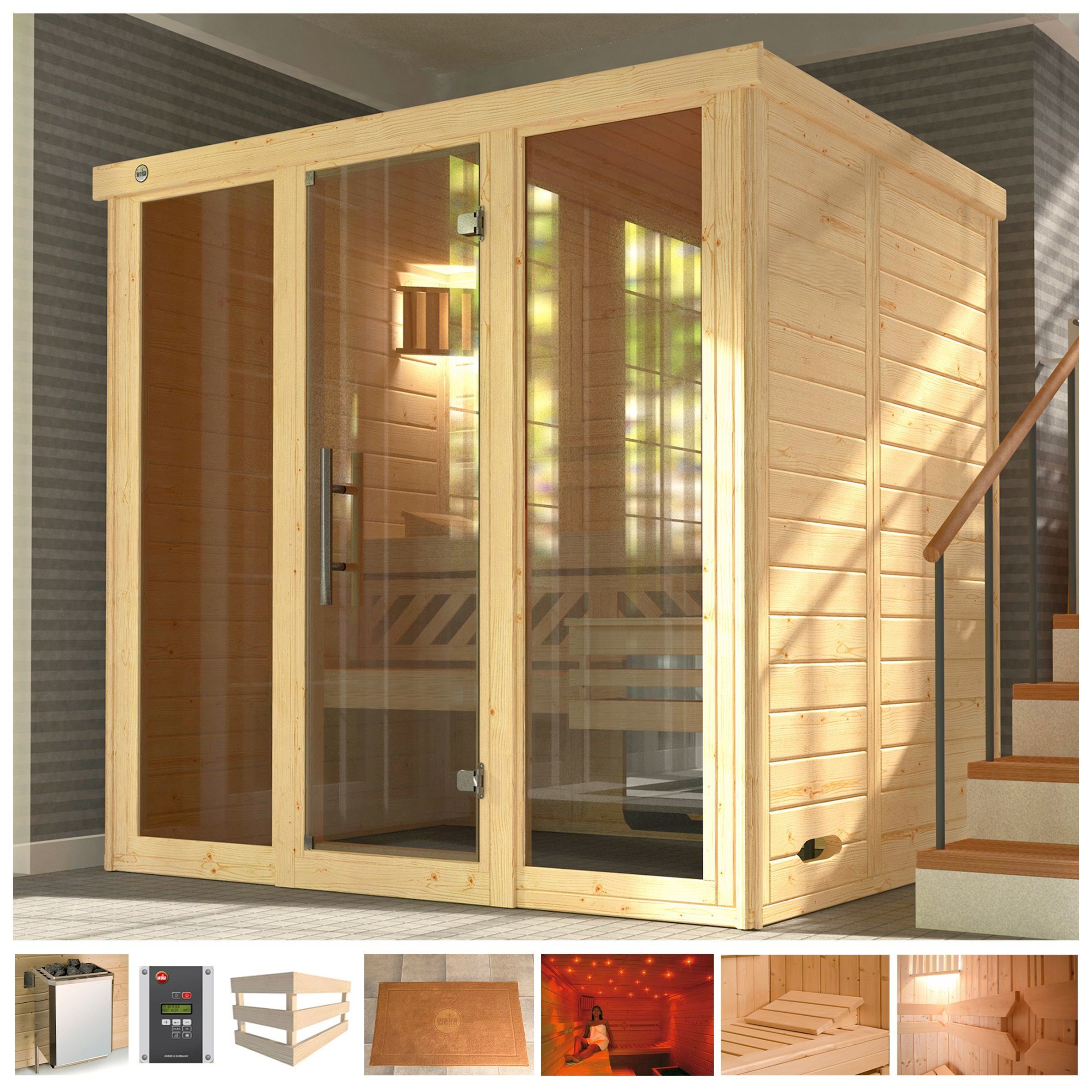 weka Sauna Kemi Panorama 7,5 kw bio-kachel met externe bediening sauna's beige