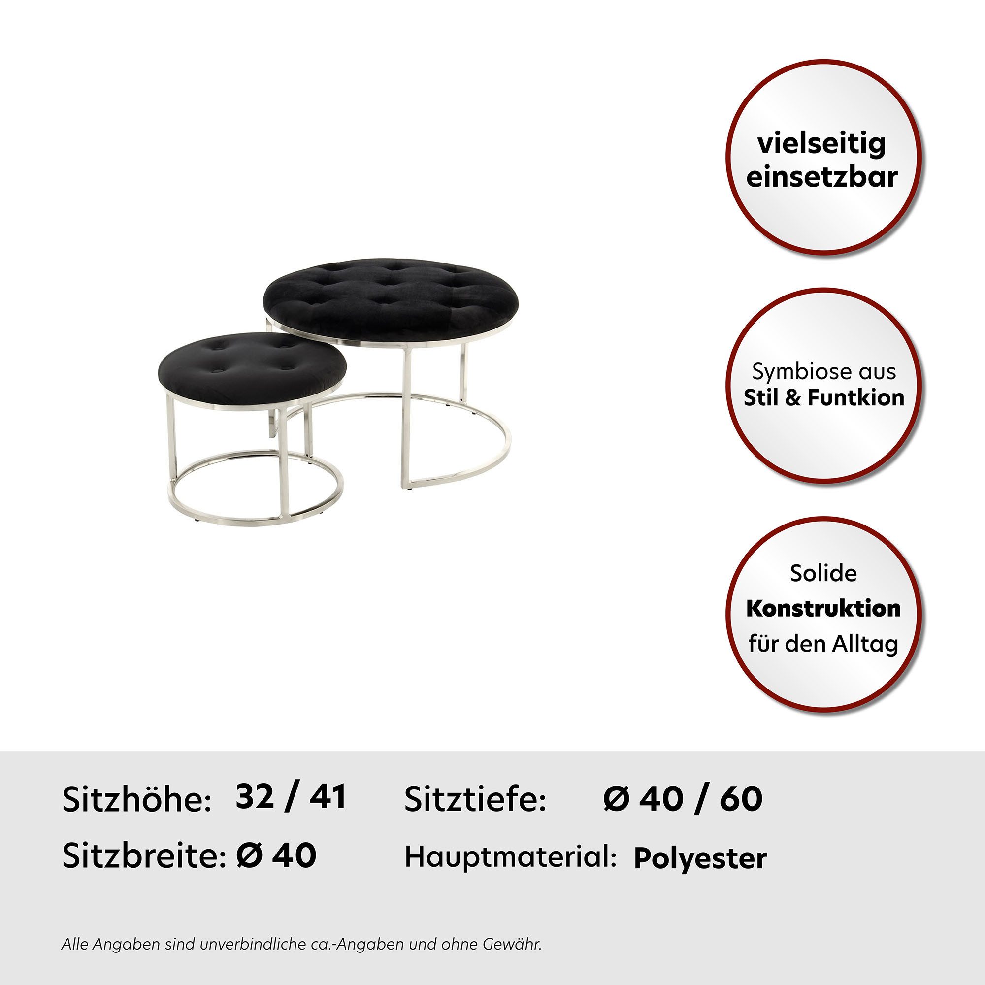 Kayoom Zithocker Kruk Myla 2-delige set, praktisch in elkaar schuifbaar in elkaar schuifbaar, rond, doorgestikt, met sierknopen (set, 2 stuks)