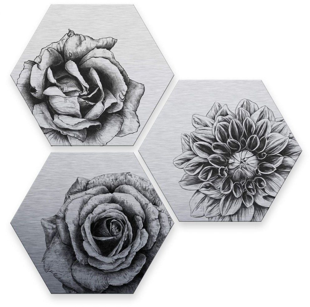 Wall-Art Meerdelige artprint Zilvereffect bloemen set (set, 3 stuks)