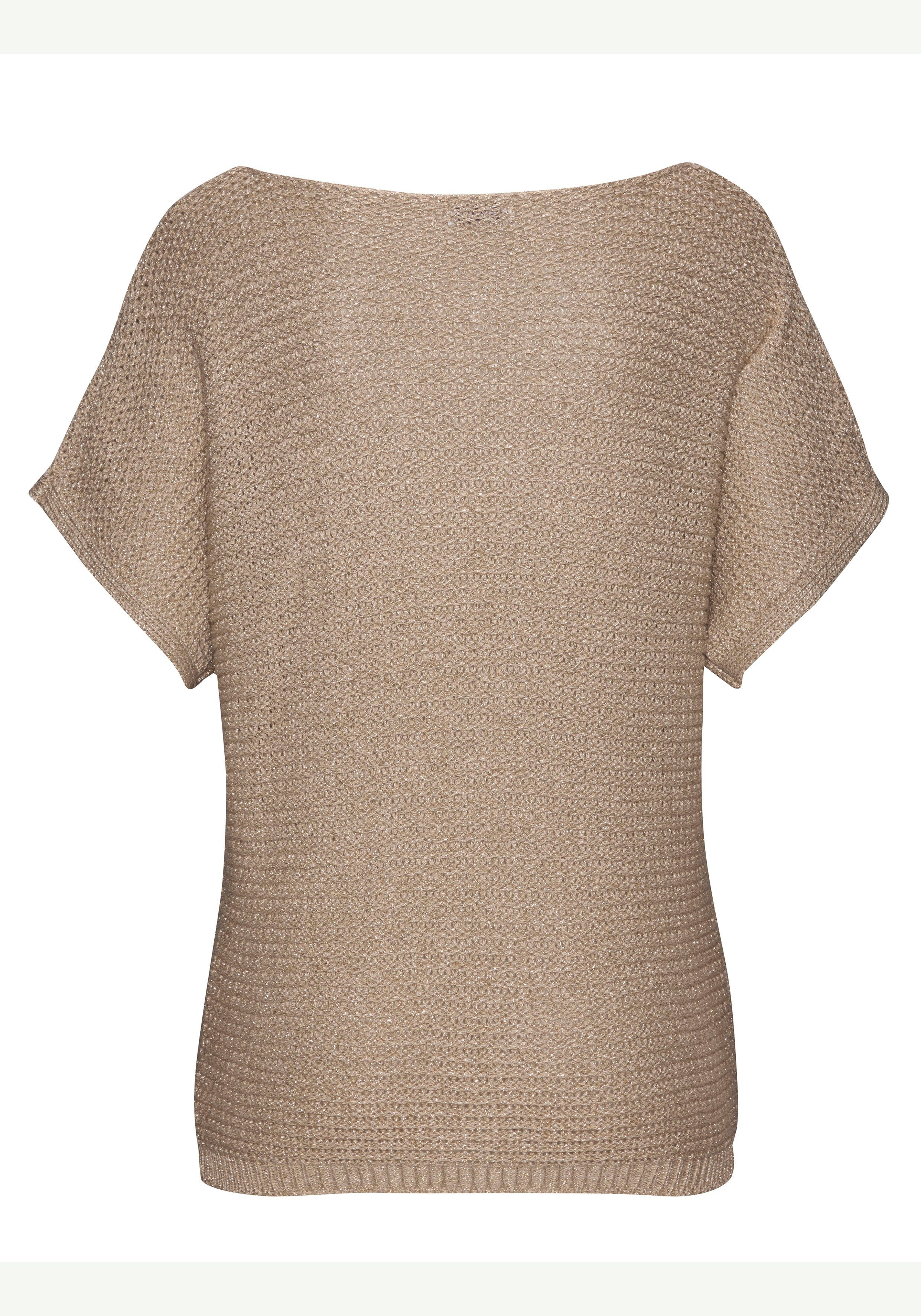 Lascana Trui met korte mouwen in luchtig ajour breiwerk lichte zomertrui metallic-effect