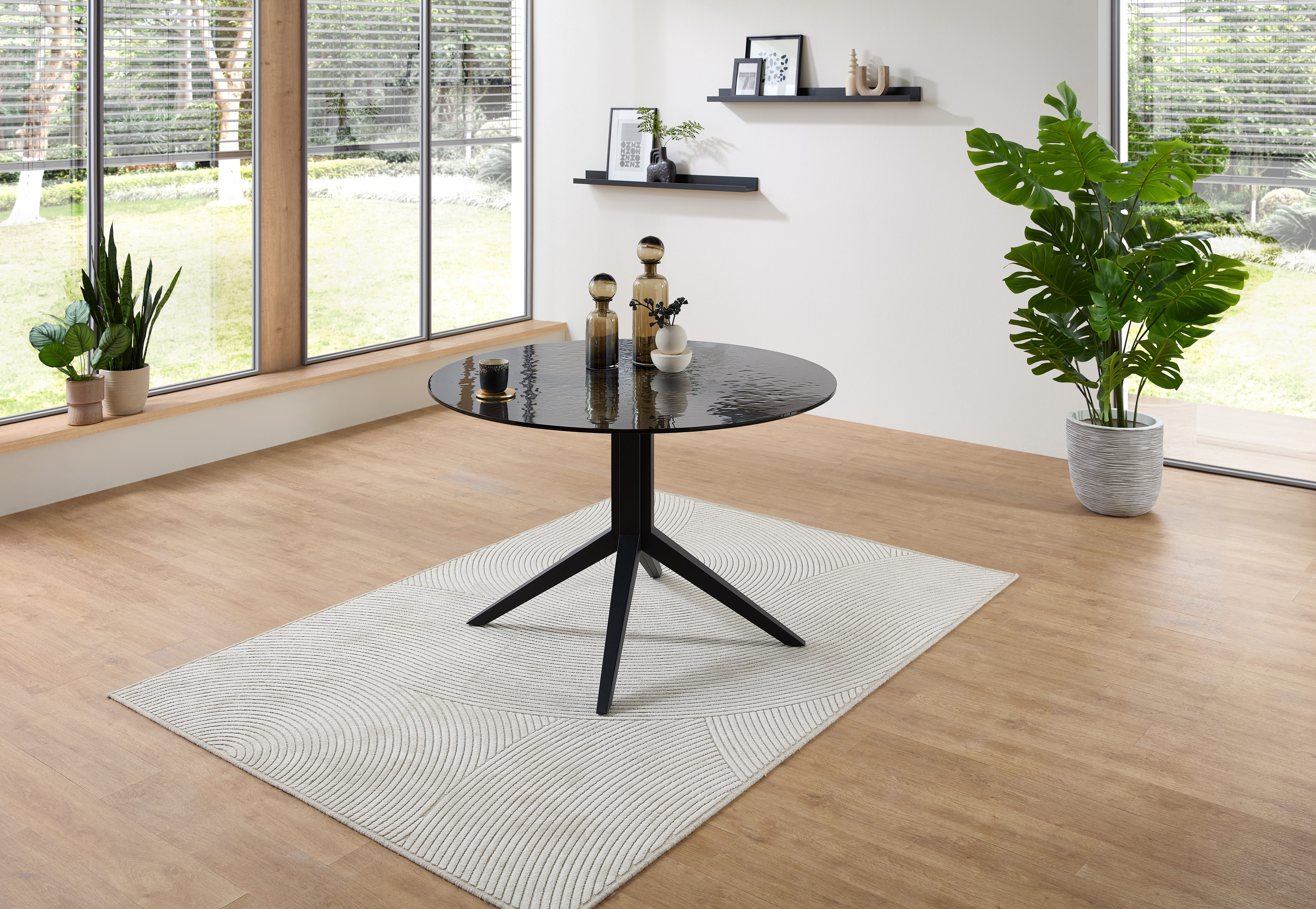Stolkom Eettafel Leano ronde glazen tafel zwart, eettafel BxH 110x76 cm Veiligheidsglas breukveilig, water ripple effect zwart getint